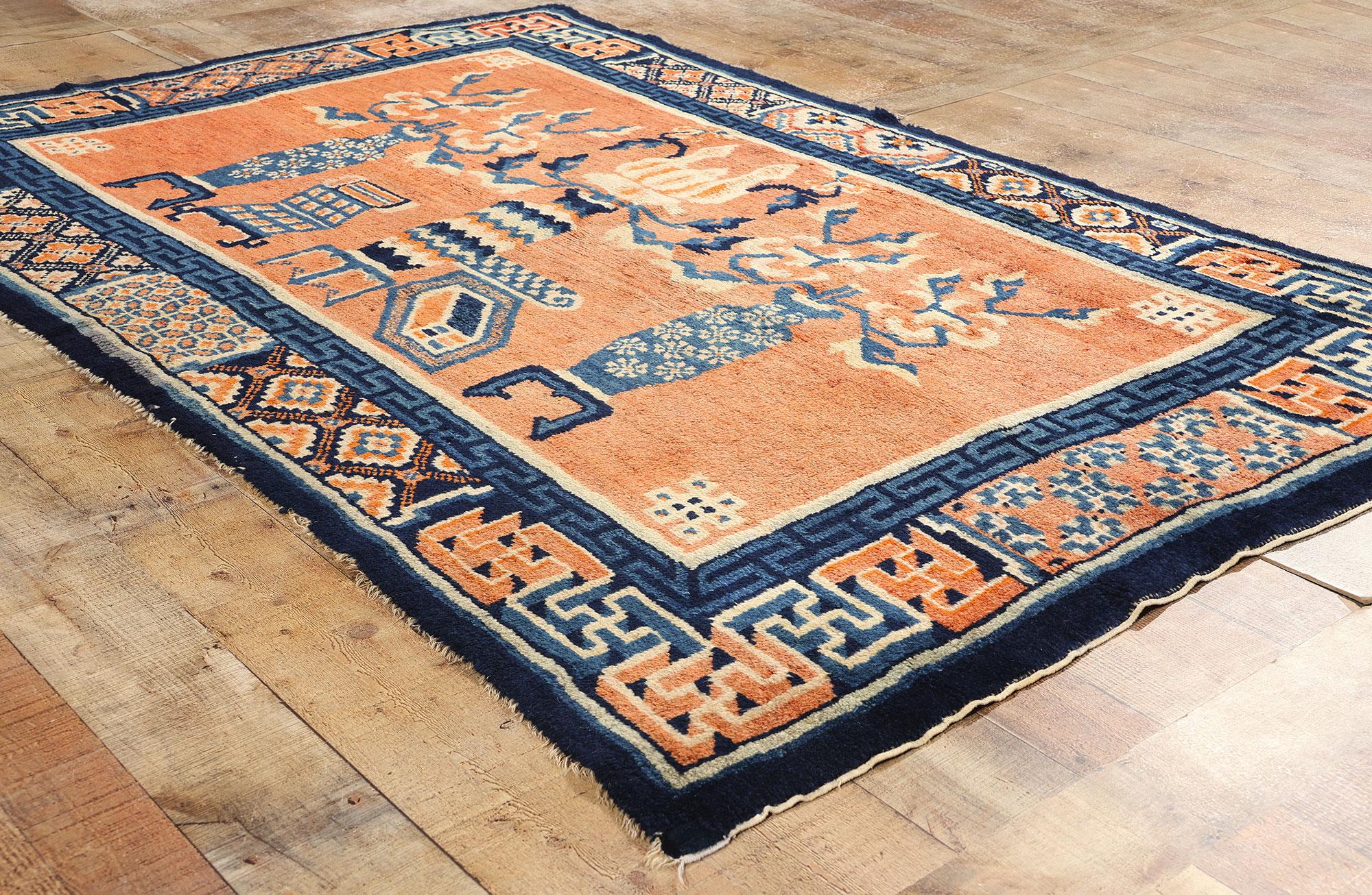 Wool Vintage Orange Chinese Baotou Vase Pictorial Carpet For Sale