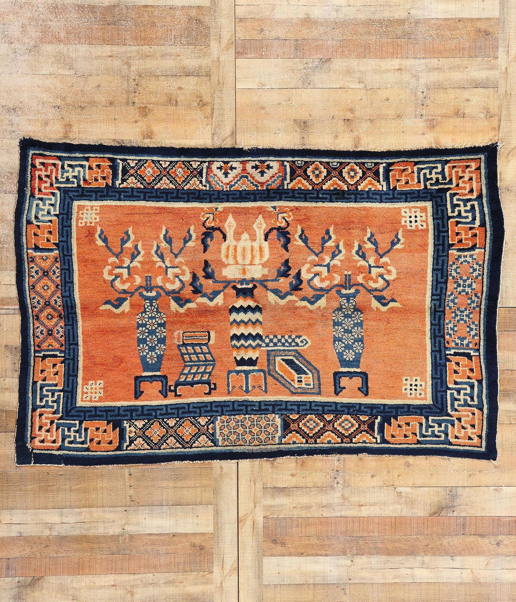 Vintage Orange Chinese Baotou Vase Pictorial Carpet For Sale 2