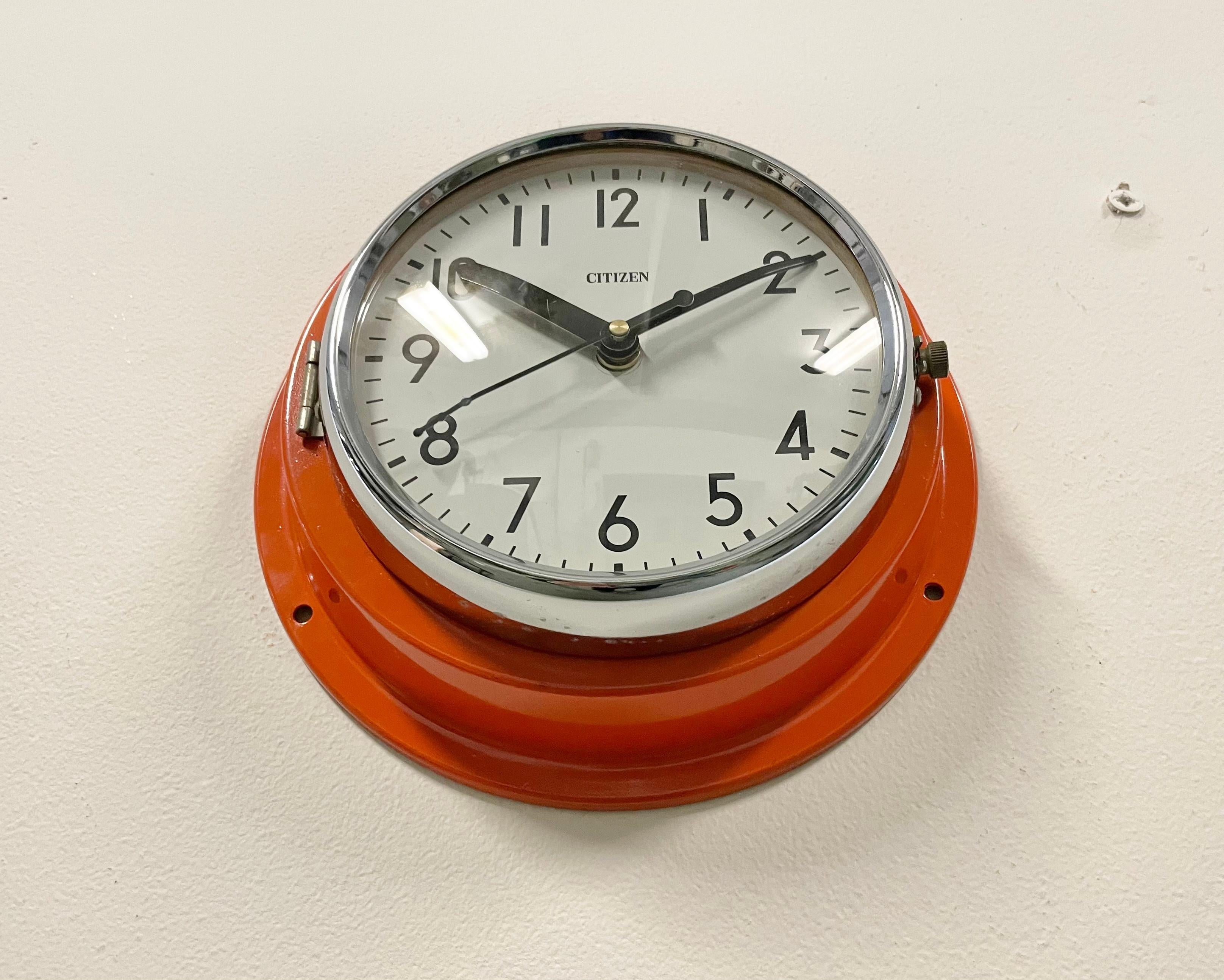 Glass Vintage Orange Citizen Navy Wall Clock, 1970s