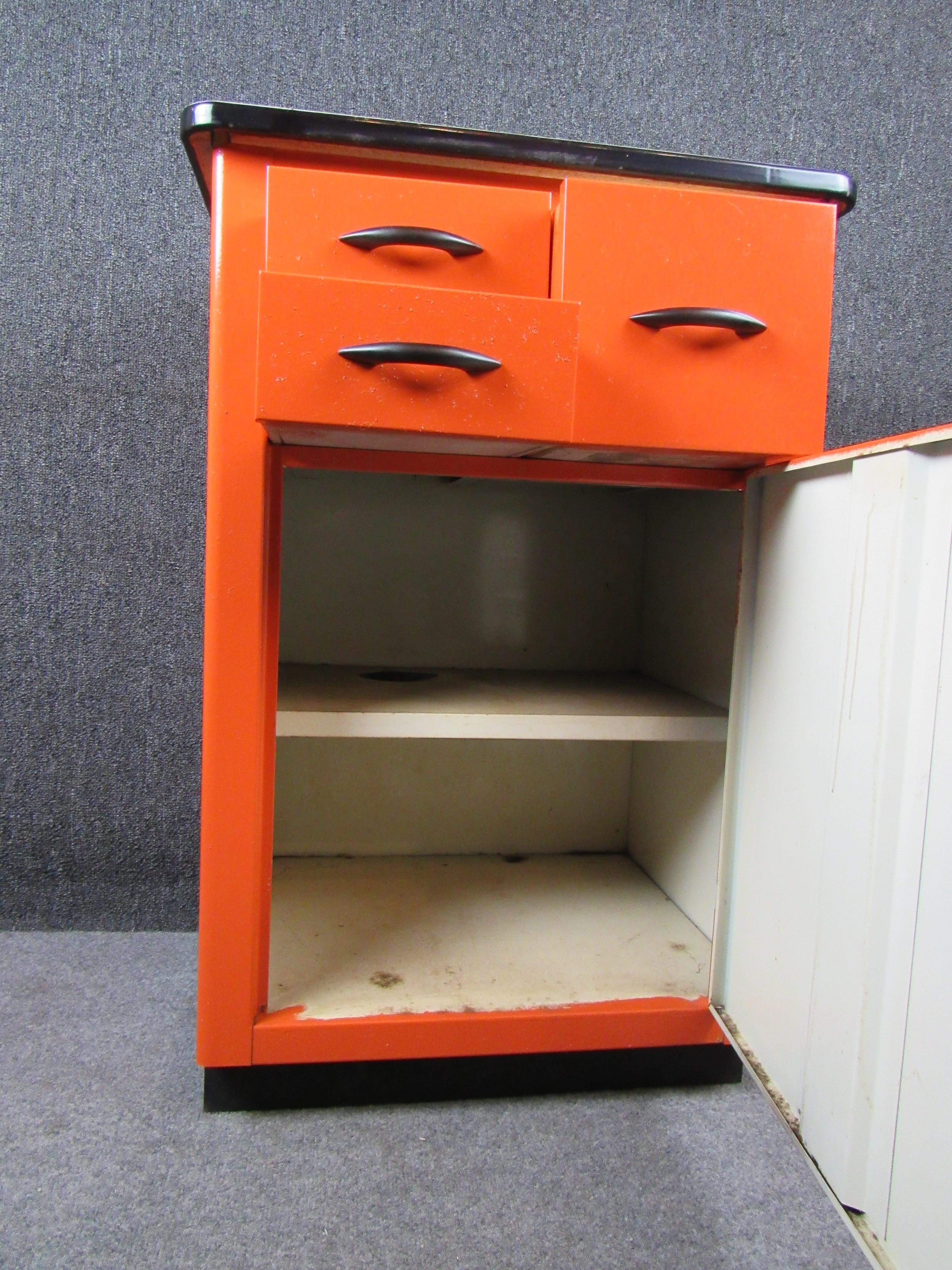 20th Century Vintage Orange Enamel Industrial Metal Cabinet