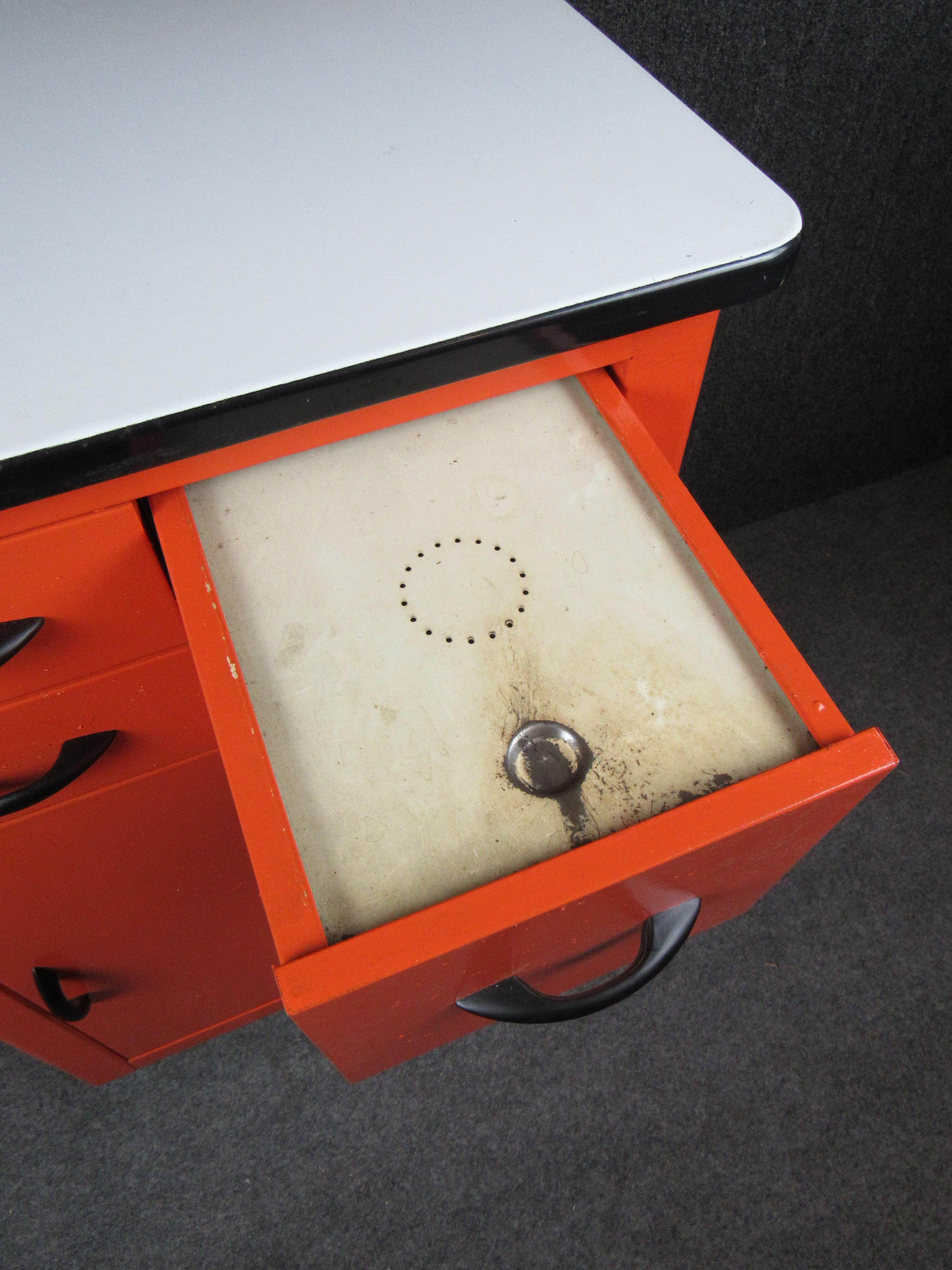Vintage Orange Enamel Industrial Metal Cabinet 1