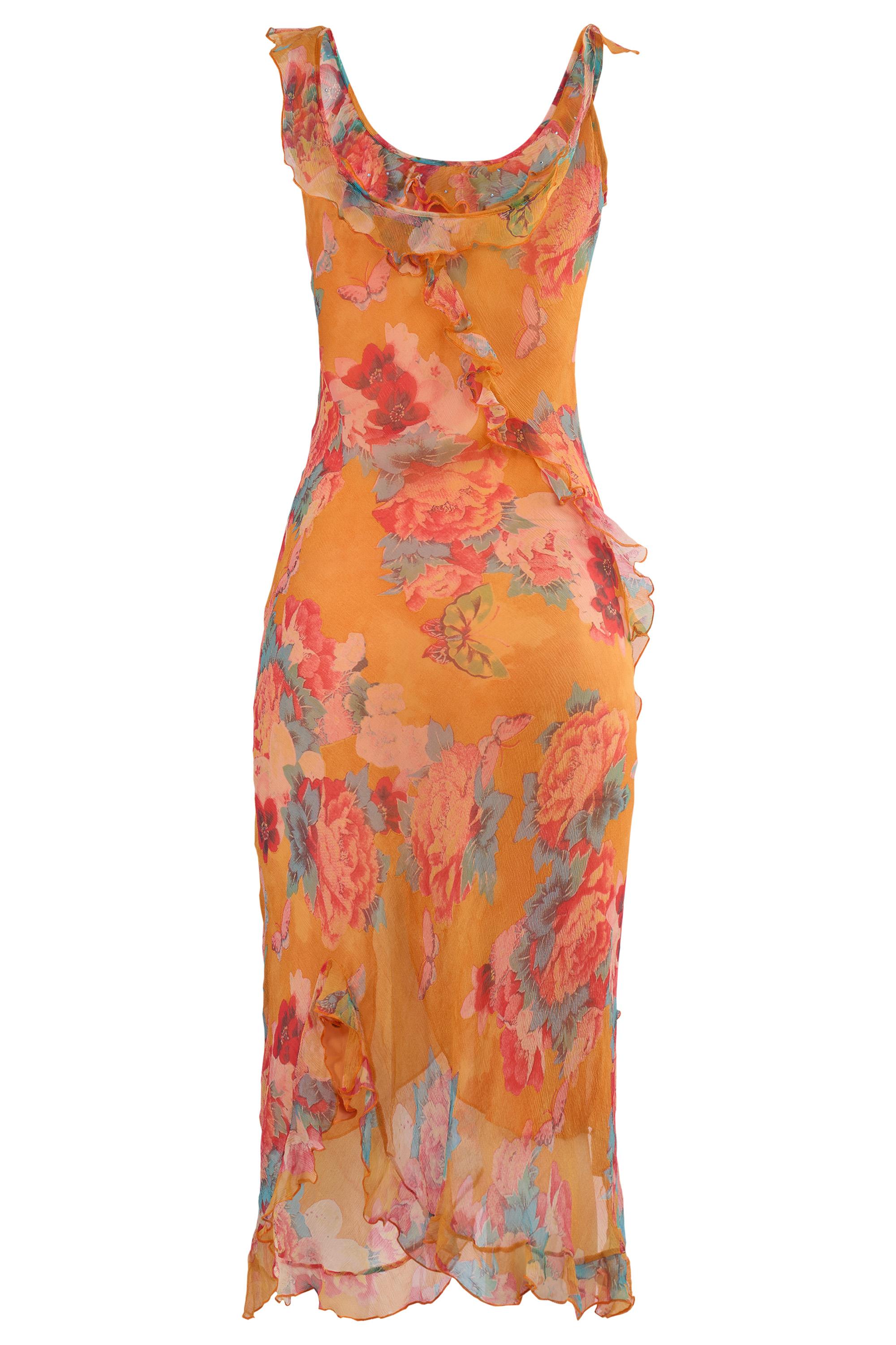 Vintage Orange Floral Print Silk Ruffles Dress In Excellent Condition For Sale In London, GB