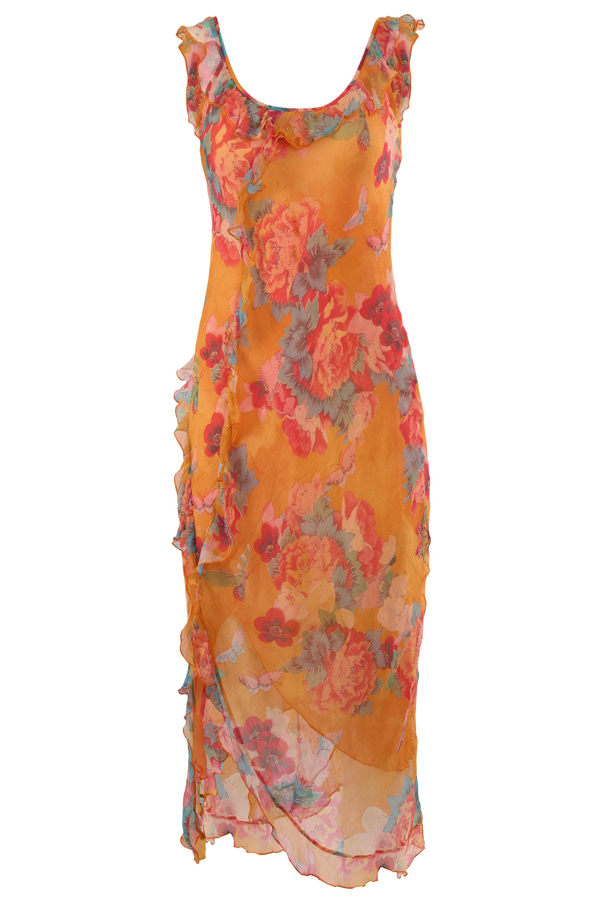 Women's or Men's Vintage Orange Floral Print Silk Ruffles Dress For Sale