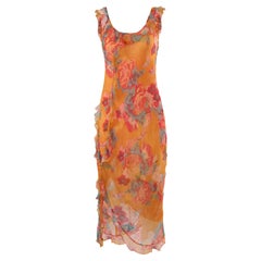 Vintage Orange Floral Print Silk Ruffles Dress