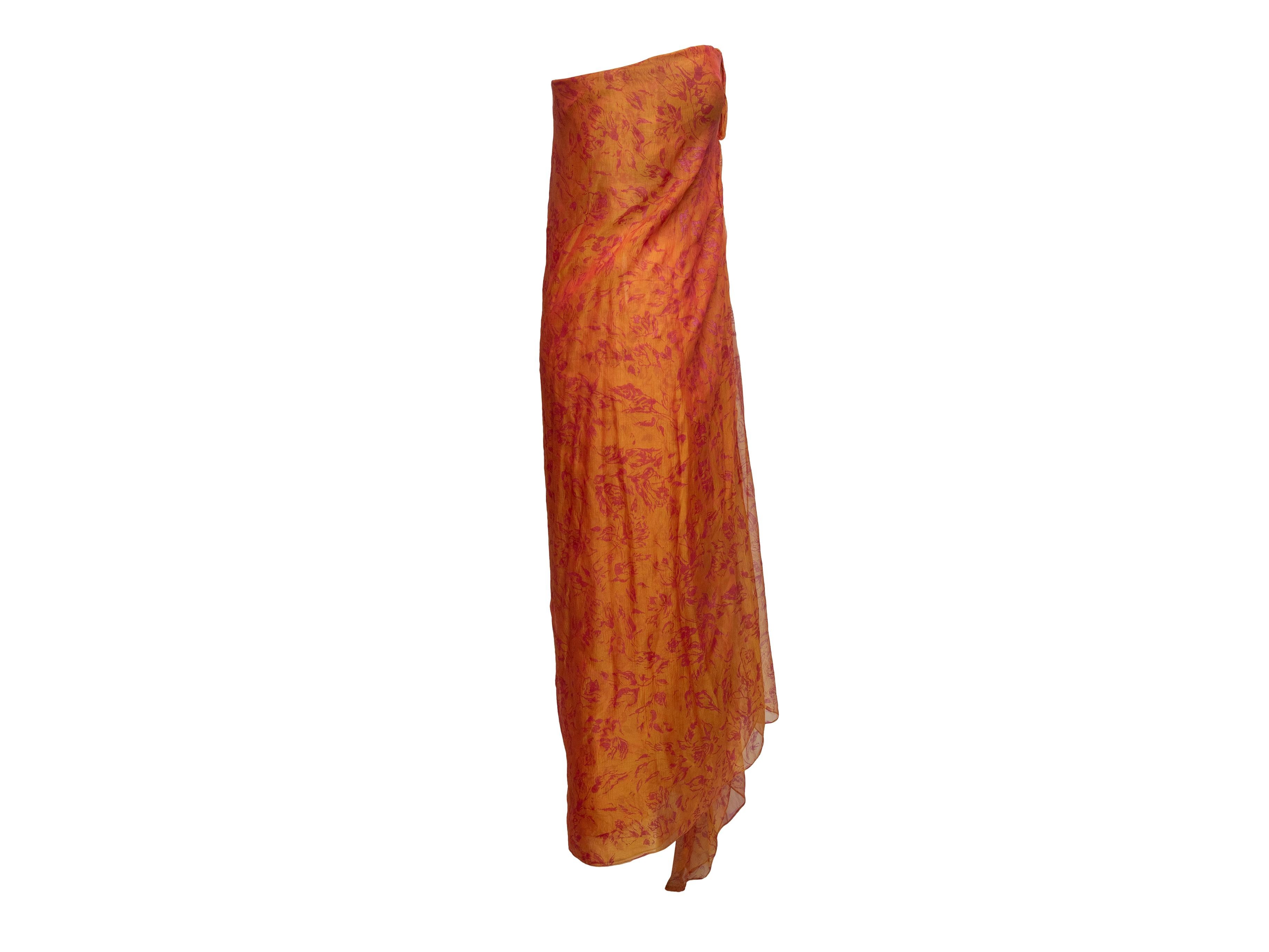 Abito strapless stampato arancione e fucsia vintage di Oscar De La Renta. Arricciatura e drappeggio sul davanti. Orlo asimmetrico. Seno 37