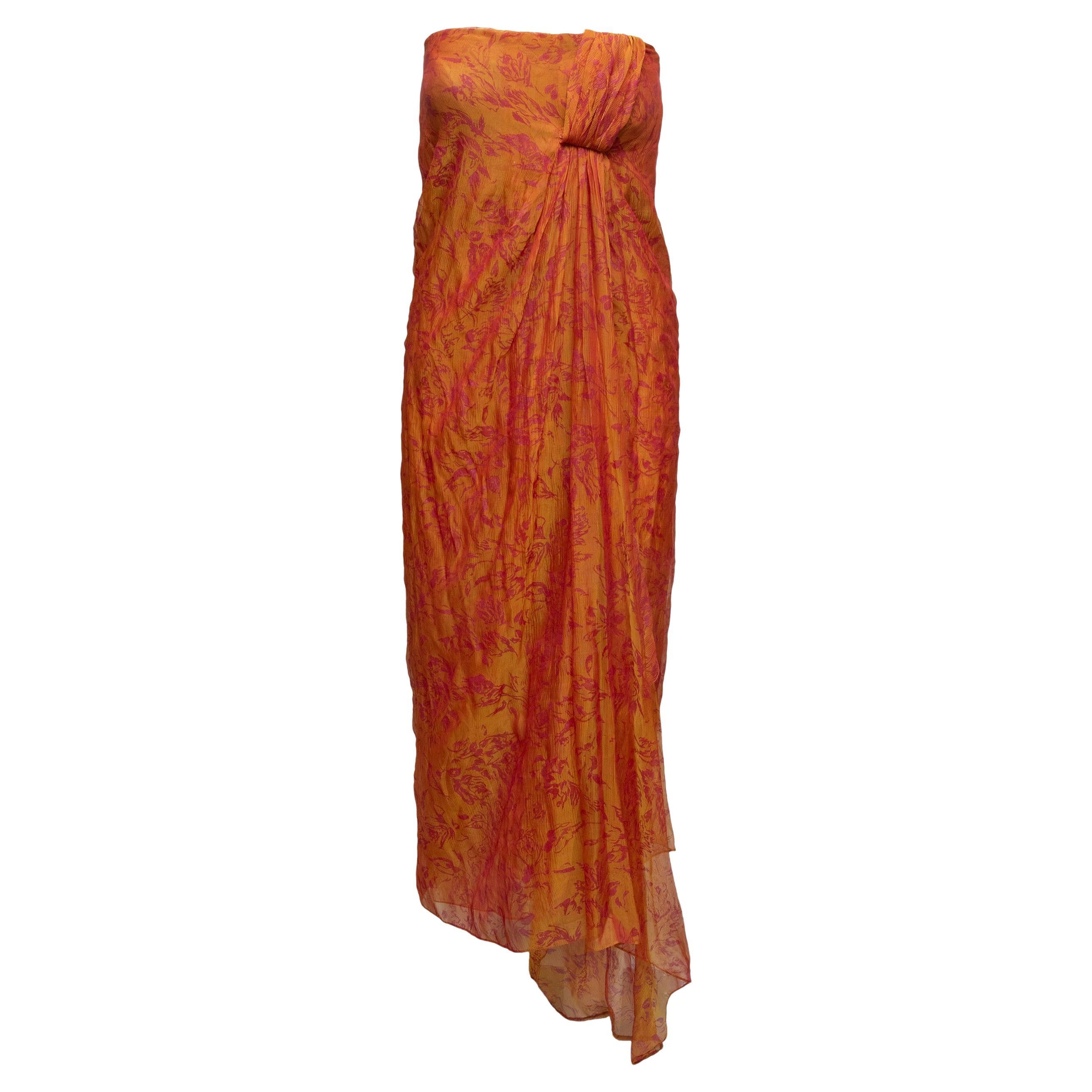 Oscar De La Renta, abito senza spalline stampato, vintage, arancione e fucsia, taglia US 4 in vendita
