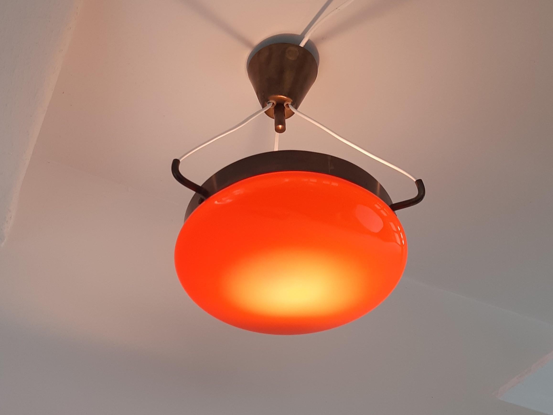 Mid-Century Modern Vintage Orange Glass and Brass Ceiling Lamp For Sale