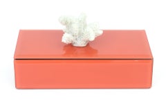 Caja de cristal naranja vintage con tapa de coral blanco e interior de terciopelo negro
