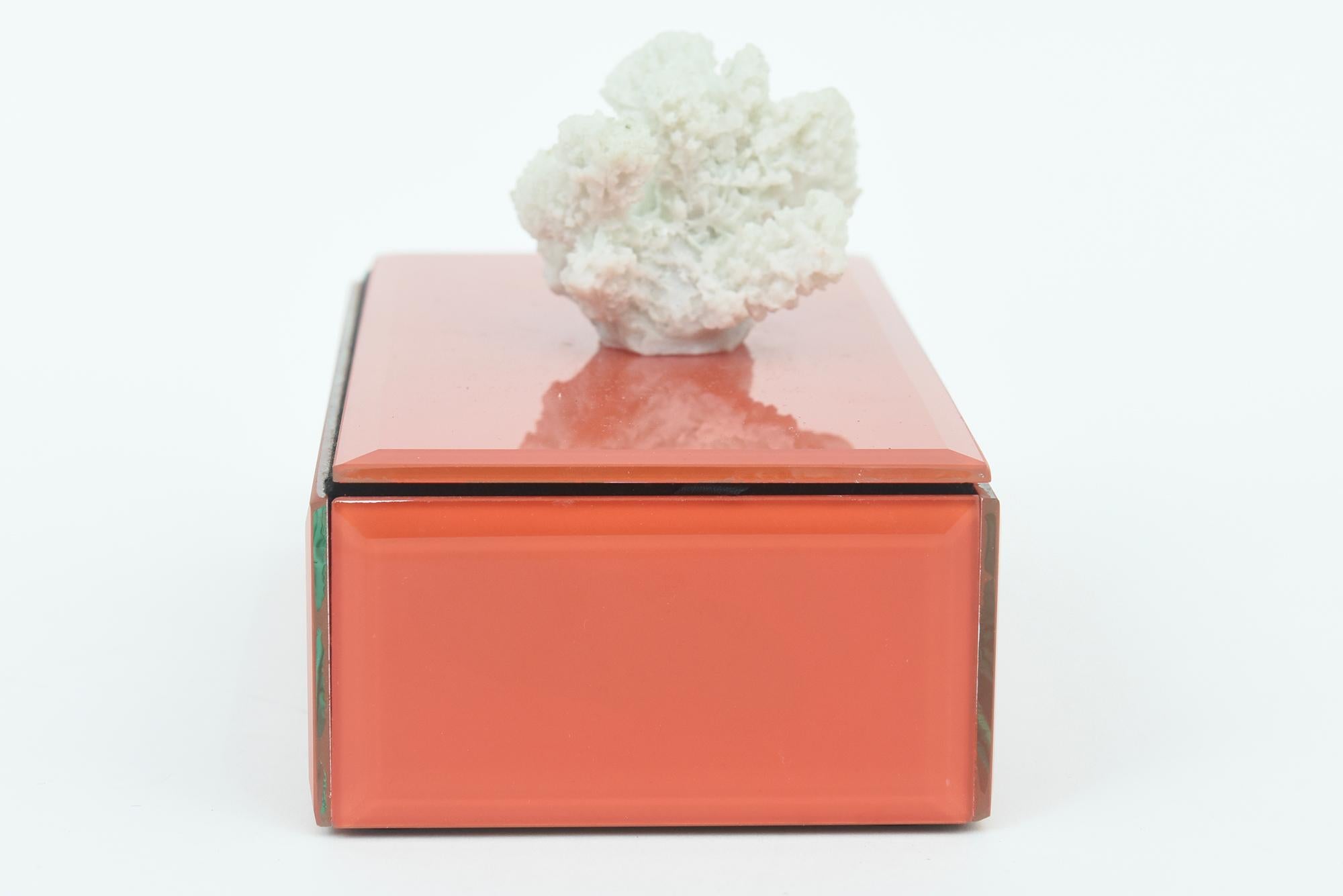 Schachtel aus orangefarbenem Glas mit Fransenschachtel mit weißer Koralle und schwarzem Samt innen im Angebot 1