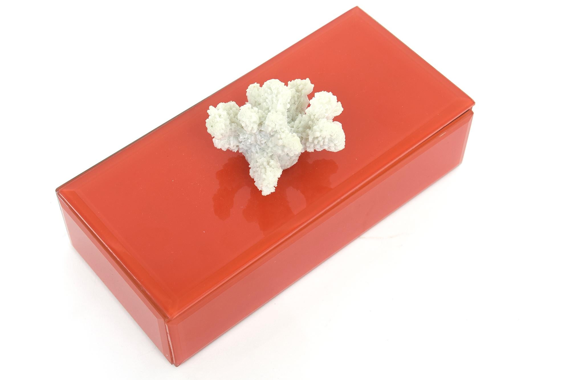 Schachtel aus orangefarbenem Glas mit Fransenschachtel mit weißer Koralle und schwarzem Samt innen im Angebot 2