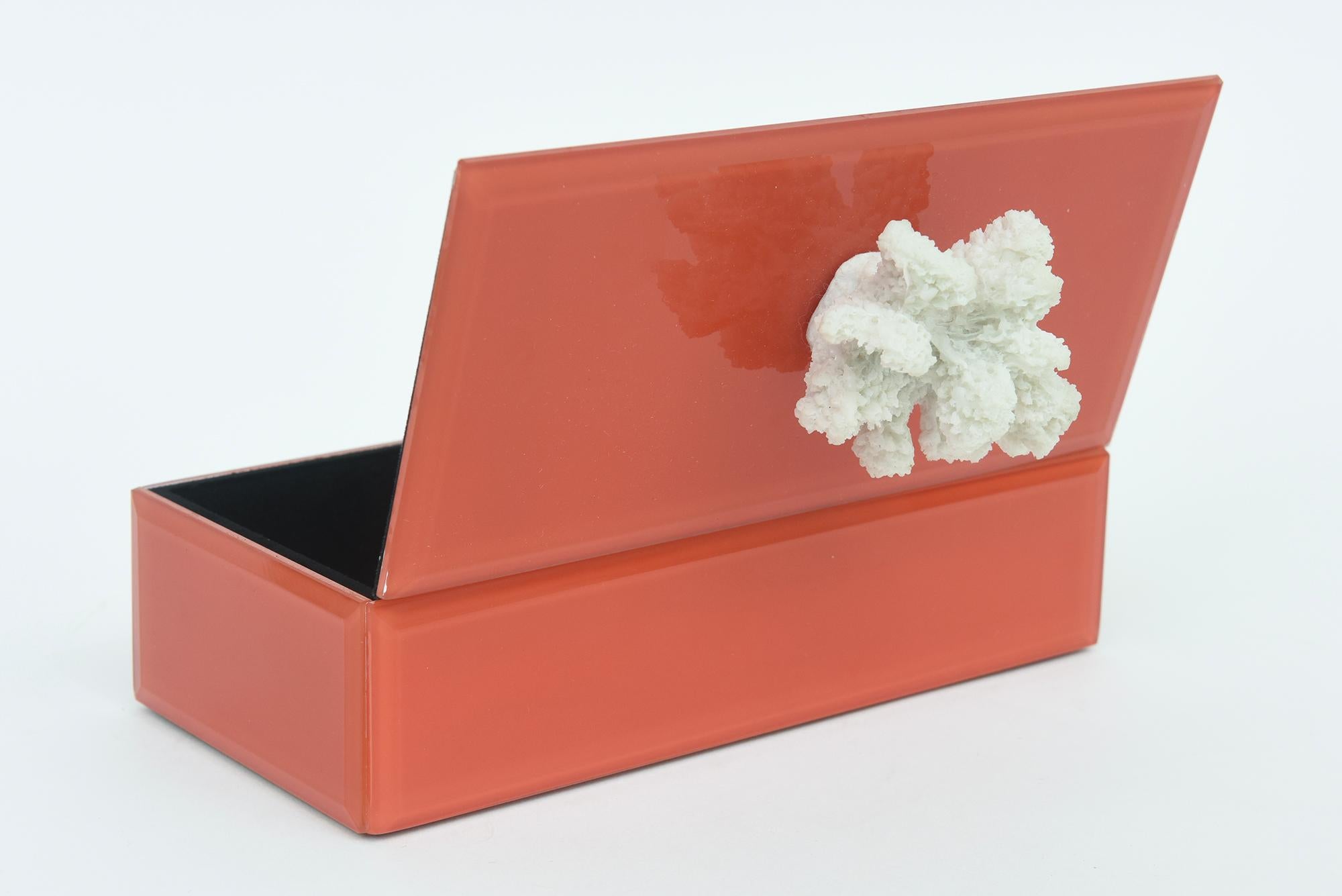 Schachtel aus orangefarbenem Glas mit Fransenschachtel mit weißer Koralle und schwarzem Samt innen im Angebot 3