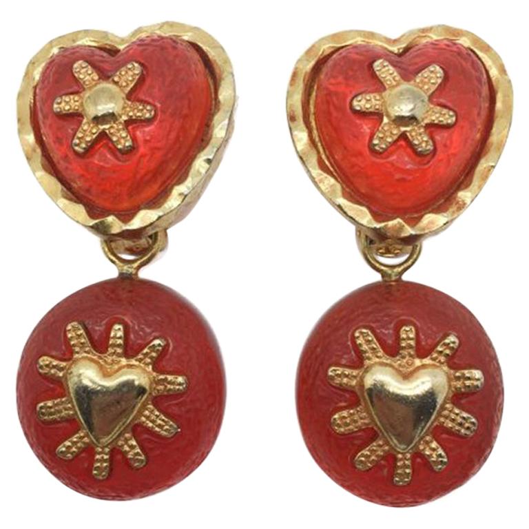 Vintage Orange & Gold Heart Drop Earrings 1990s