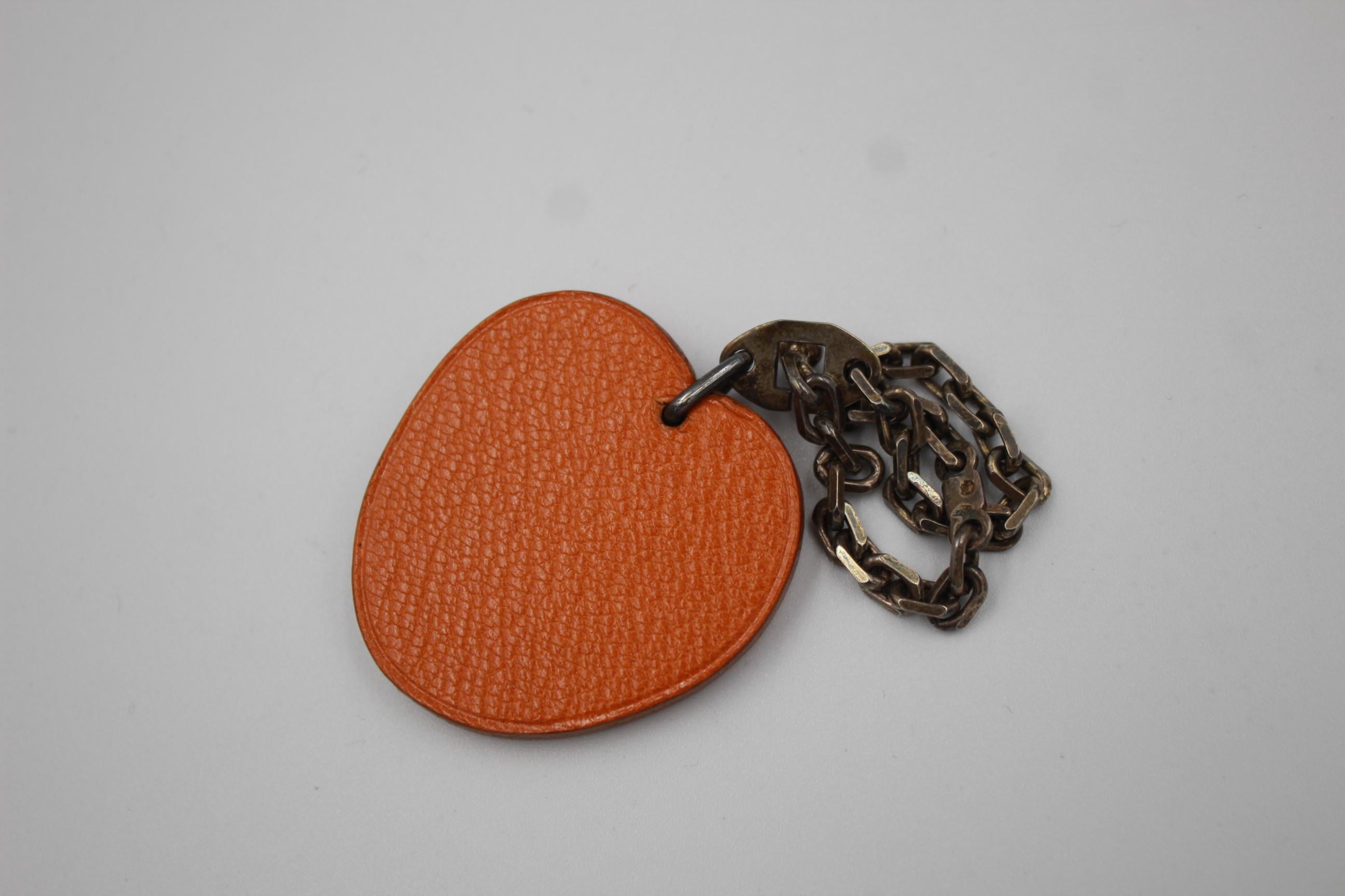 Vintage Orange Hermes Silver and Leather Keyring  Kelly / Birkin Charm In Good Condition For Sale In Paris, FR