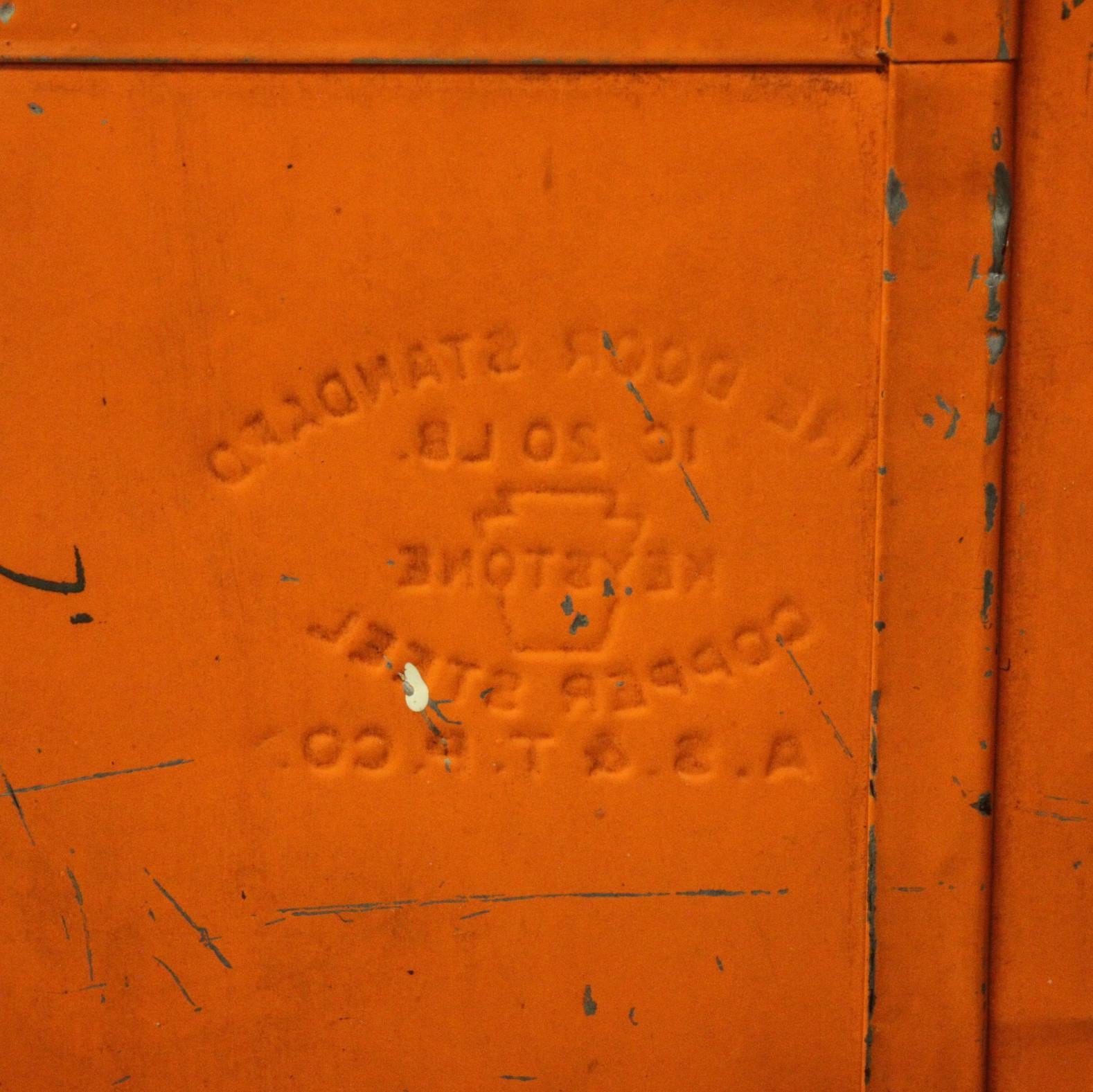 American Vintage Orange Industrial Steel Plate Fire Door from 1915 Print Factory