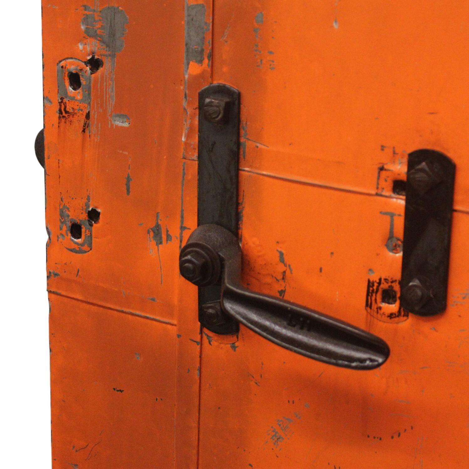 Vintage Orange Industrial Steel Plate Fire Door from 1915 Print Factory In Distressed Condition In Lafayette, IN