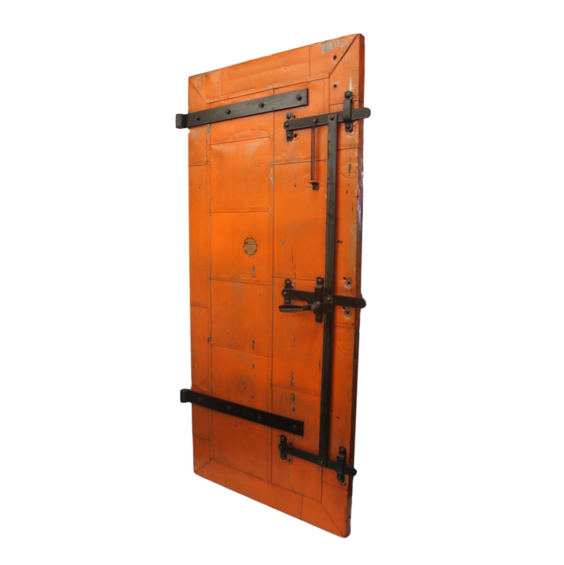 Vintage Orange Industrial Steel Plate Fire Door from 1915 Print Factory