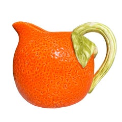 Vintage Orange Majolica Ceramic Pitcher in Orange and Green