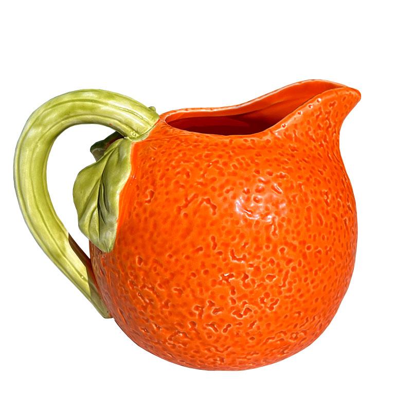 Mid-Century Modern Vintage Orange Majolica Ceramic Pitcher in Orange and Green