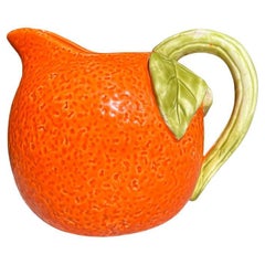 Vintage Orange Majolica Ceramic Pitcher in Orange and Green