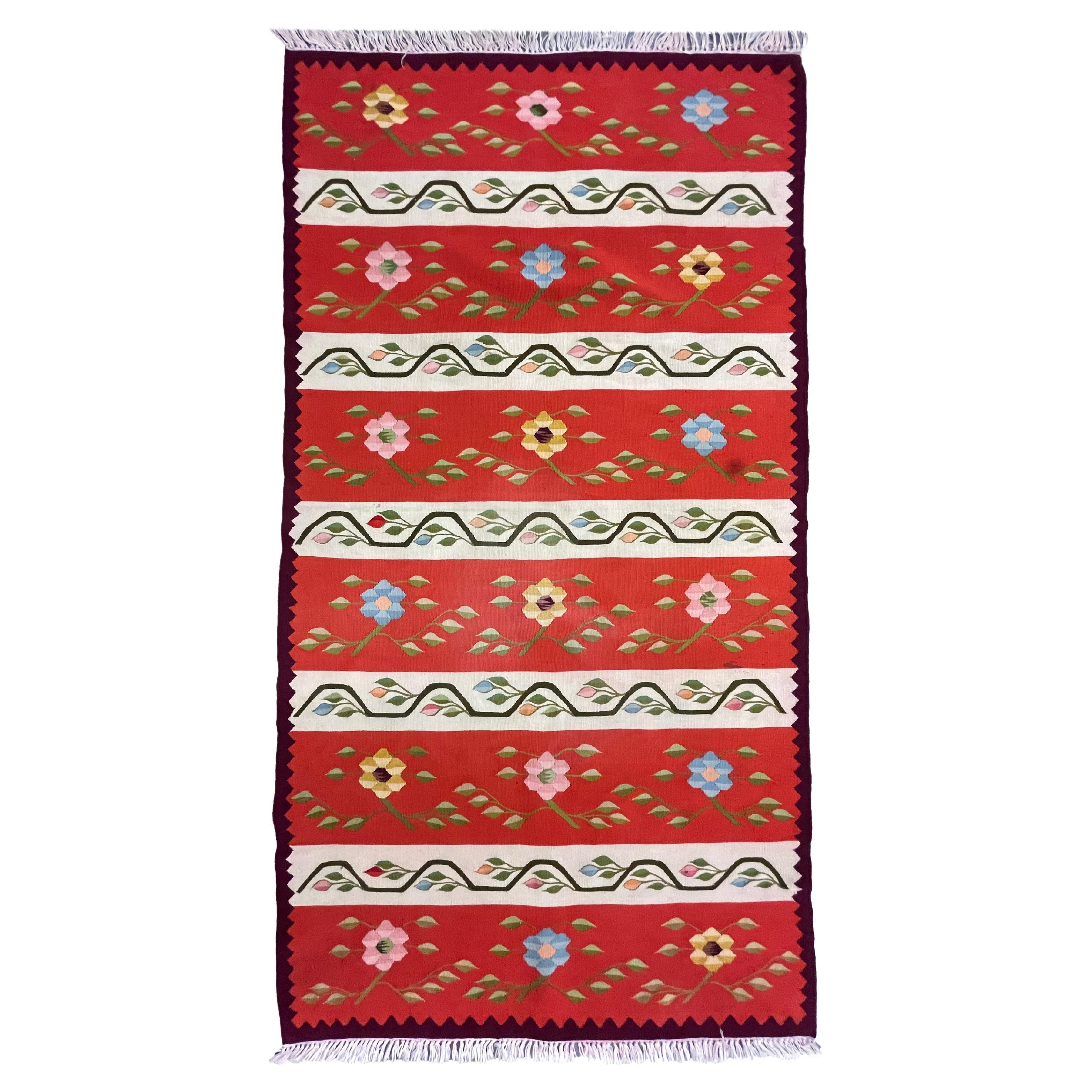 Vintage Orange Moldavian Kilim Runner, Floral Wool Flatweave Rug 200×96 cm