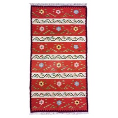 Vintage Orange Moldavian Kilim Runner, Floral Wool Flatweave Rug 200×96 cm