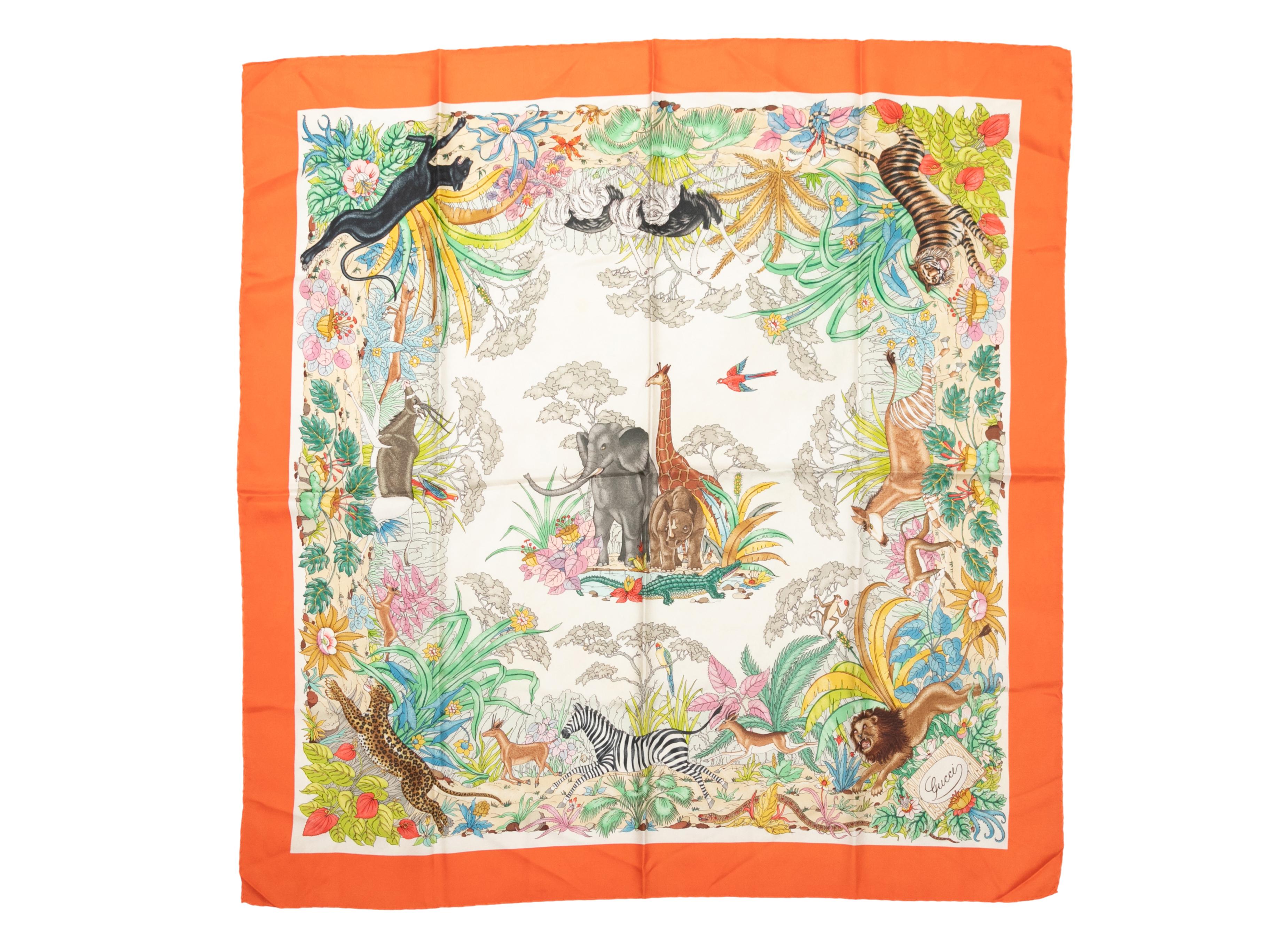 Vintage Orange & Multicolor Gucci Jungle Print Silk Scarf In Good Condition In New York, NY