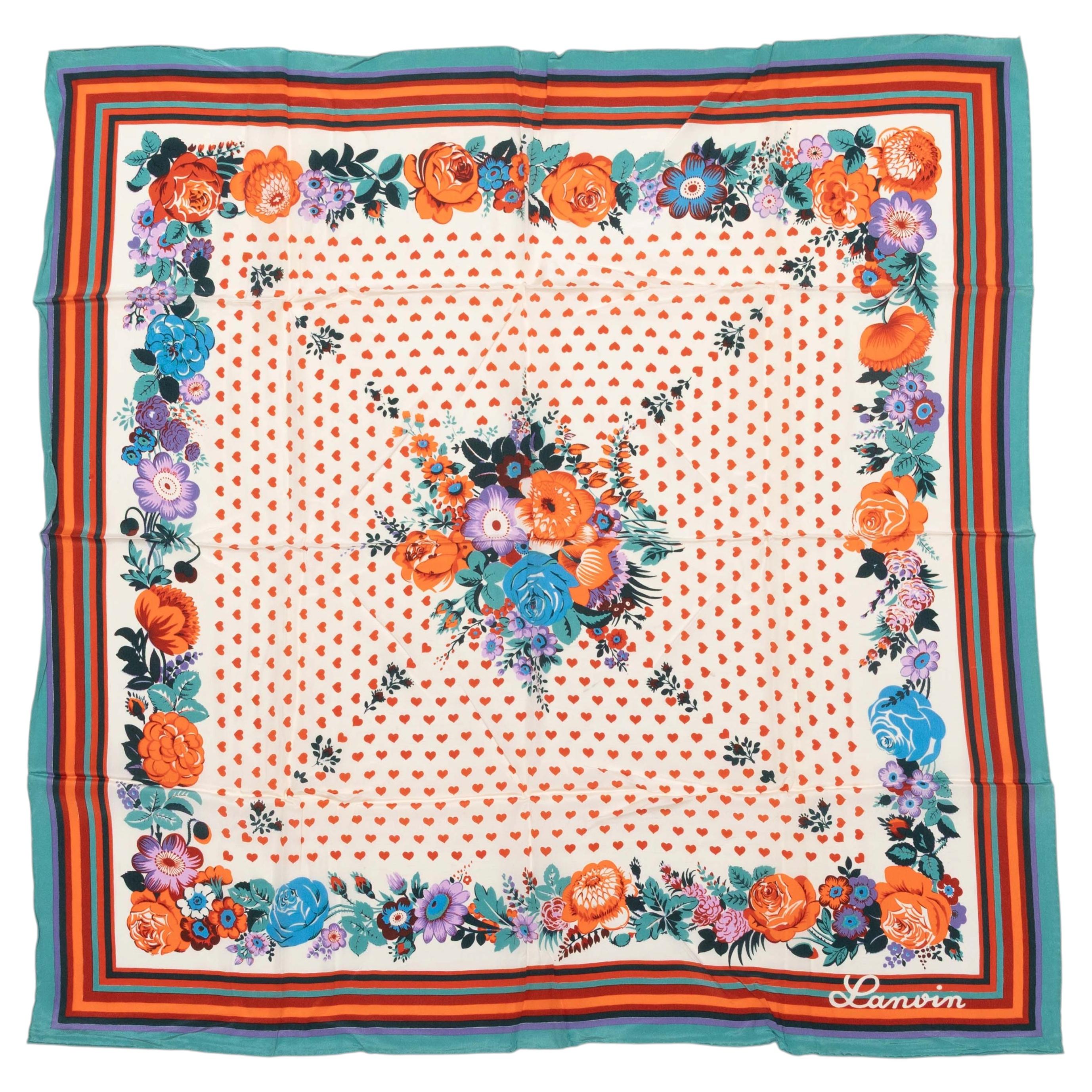 Pre-owned Lanvin Vintage Orange & Multicolor Floral Print Silk Scarf