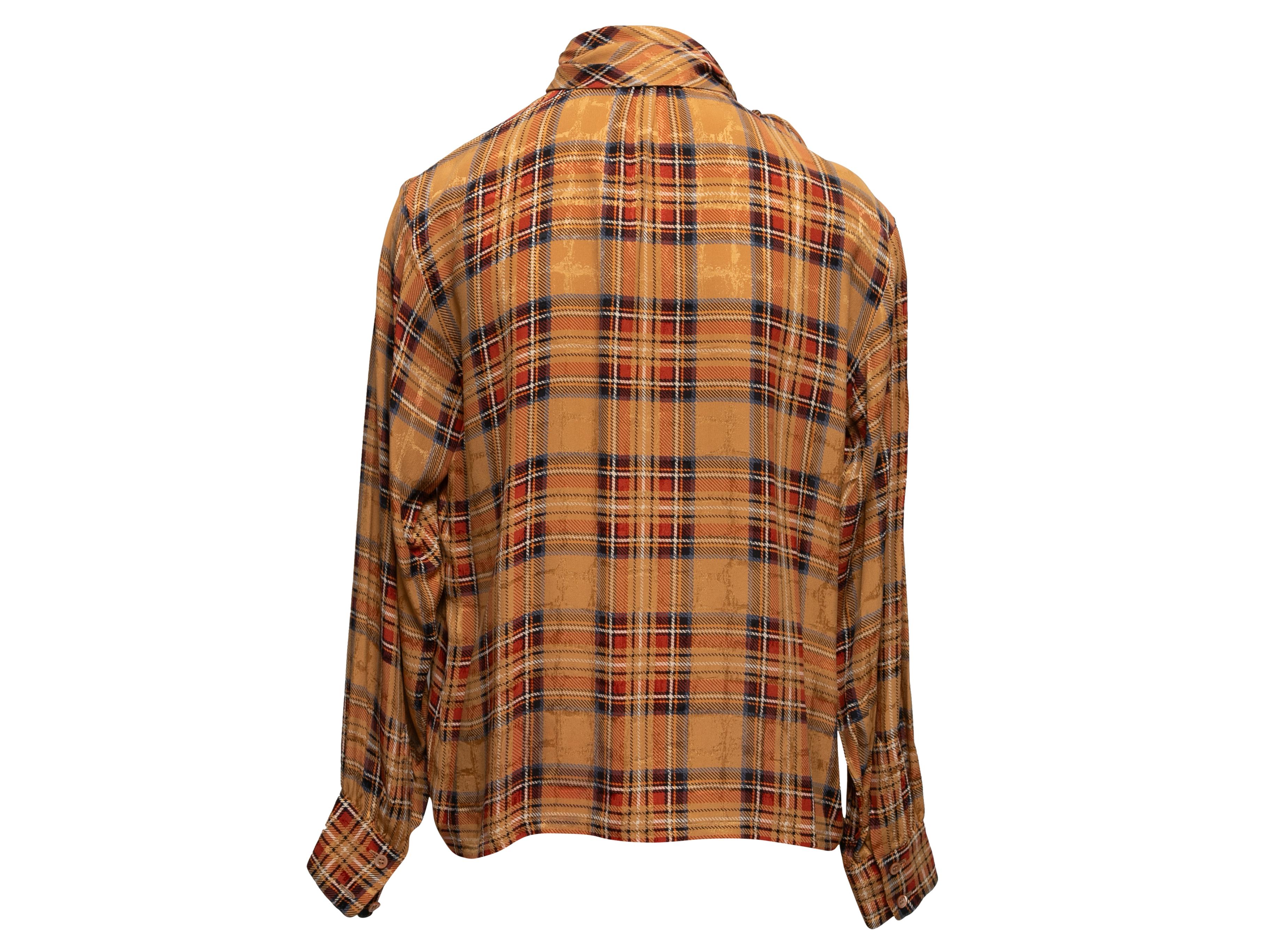 Vintage Orange & Multicolor Saint Laurent Plaid Pussy Bow Blouse Size US S/M In Good Condition For Sale In New York, NY