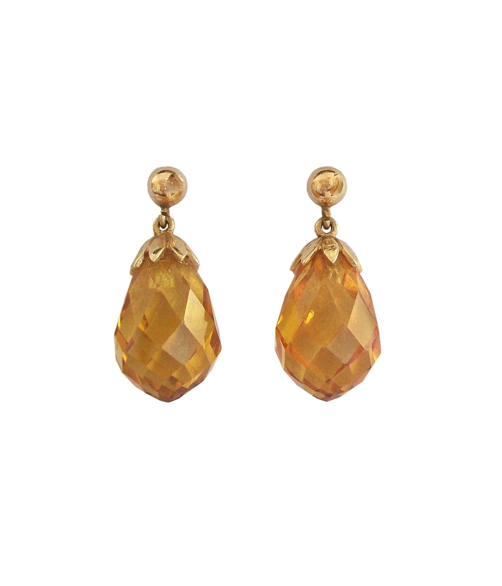 Vintage estate Madeira Citrine Briolette and 14K yellow gold stud / drop earrings - hand made - each earring drop set with one Citrine (orange / yellow in color - well matched pair - each approximately 8.68 carats - 15 x 9 x 9 mm. each) - gold