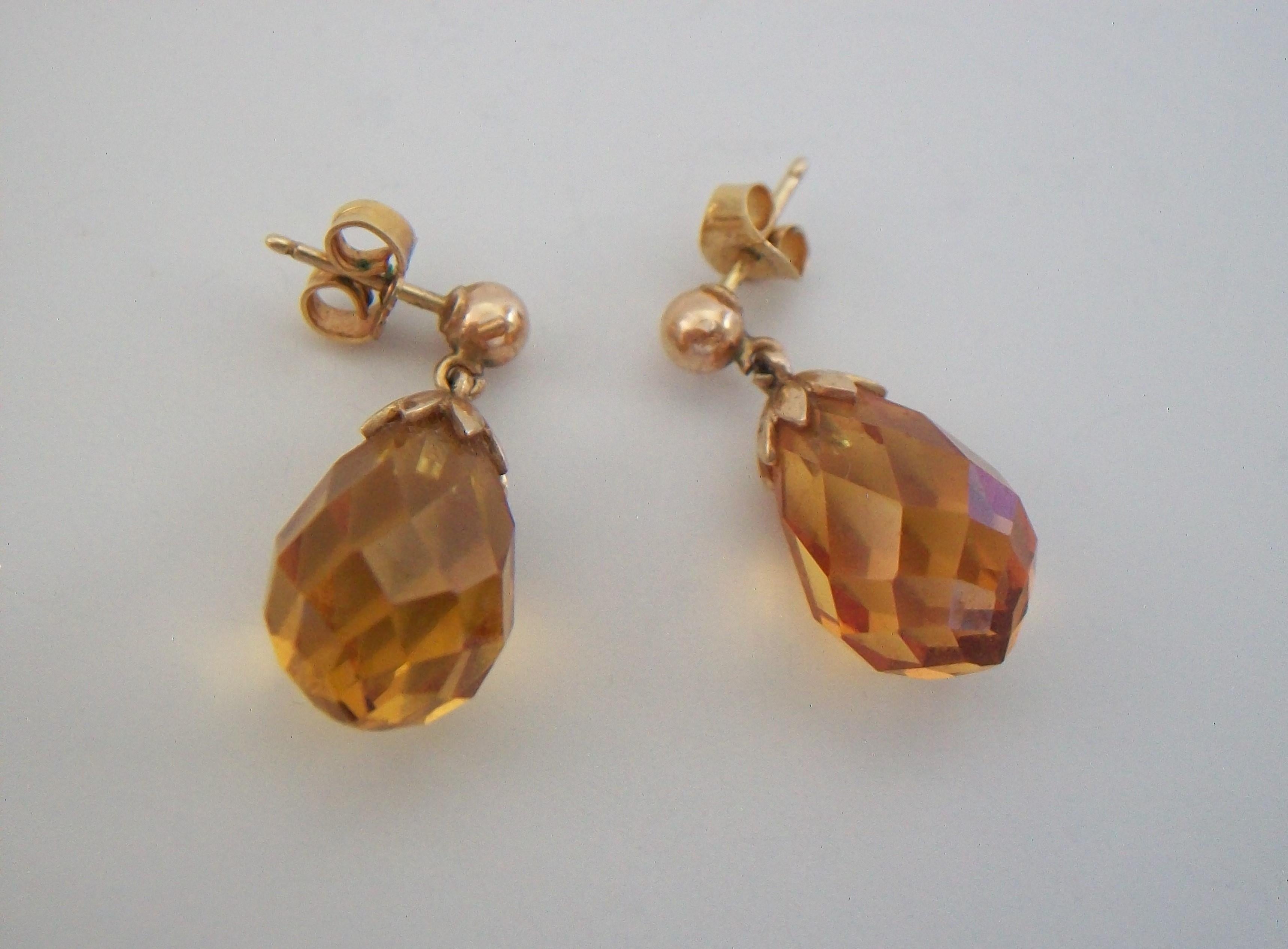 Women's Vintage Madeira Citrine Briolette & 14K Gold Drop Earrings, U.S., Circa 1980's For Sale