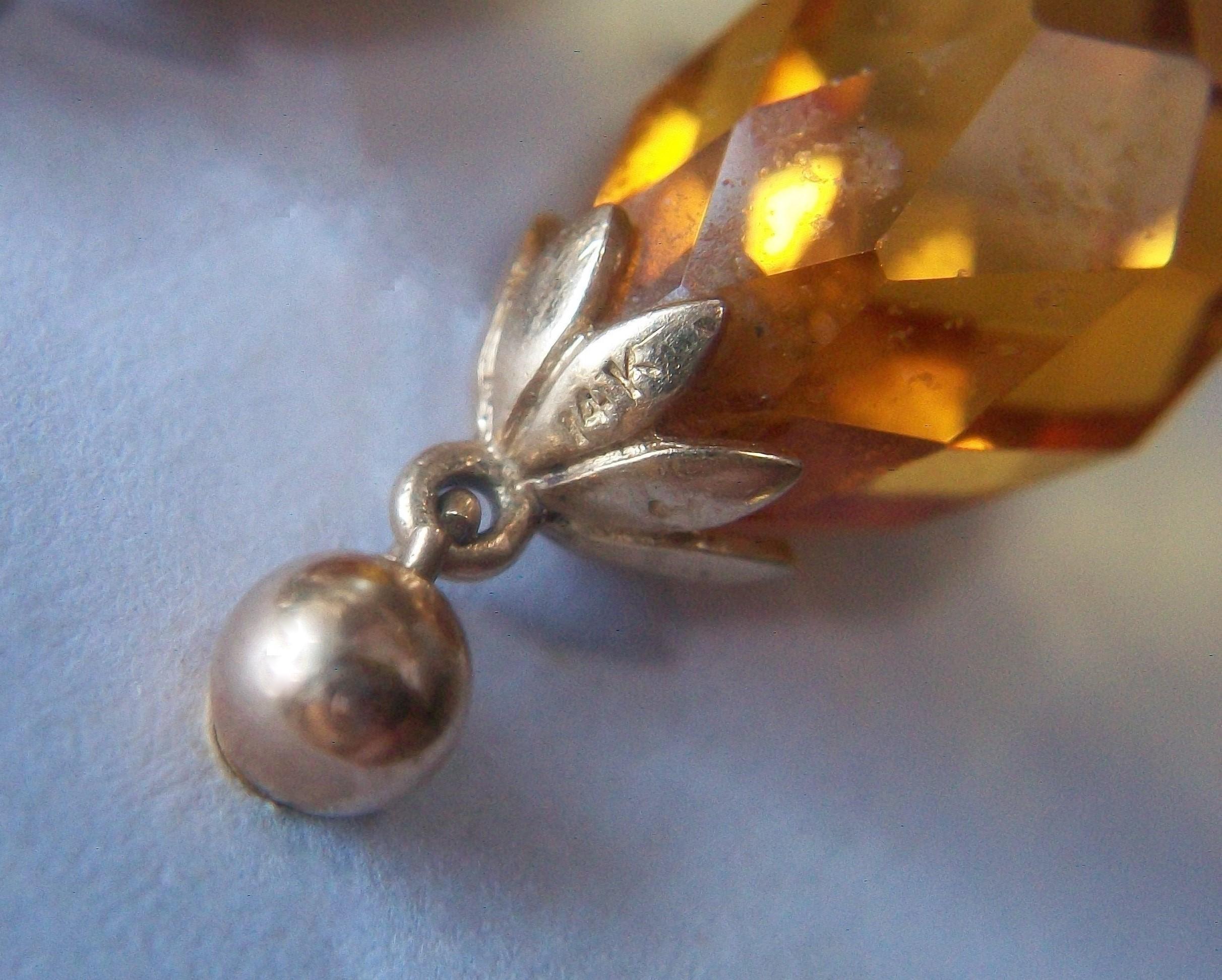 Vintage Madeira Citrine Briolette & 14K Gold Drop Earrings, U.S., Circa 1980's For Sale 1