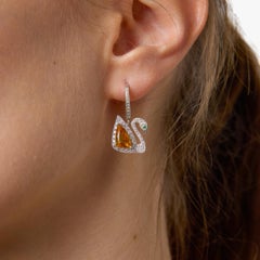 Vintage orange sapphire diamond 18k white gold swan dangling earrings