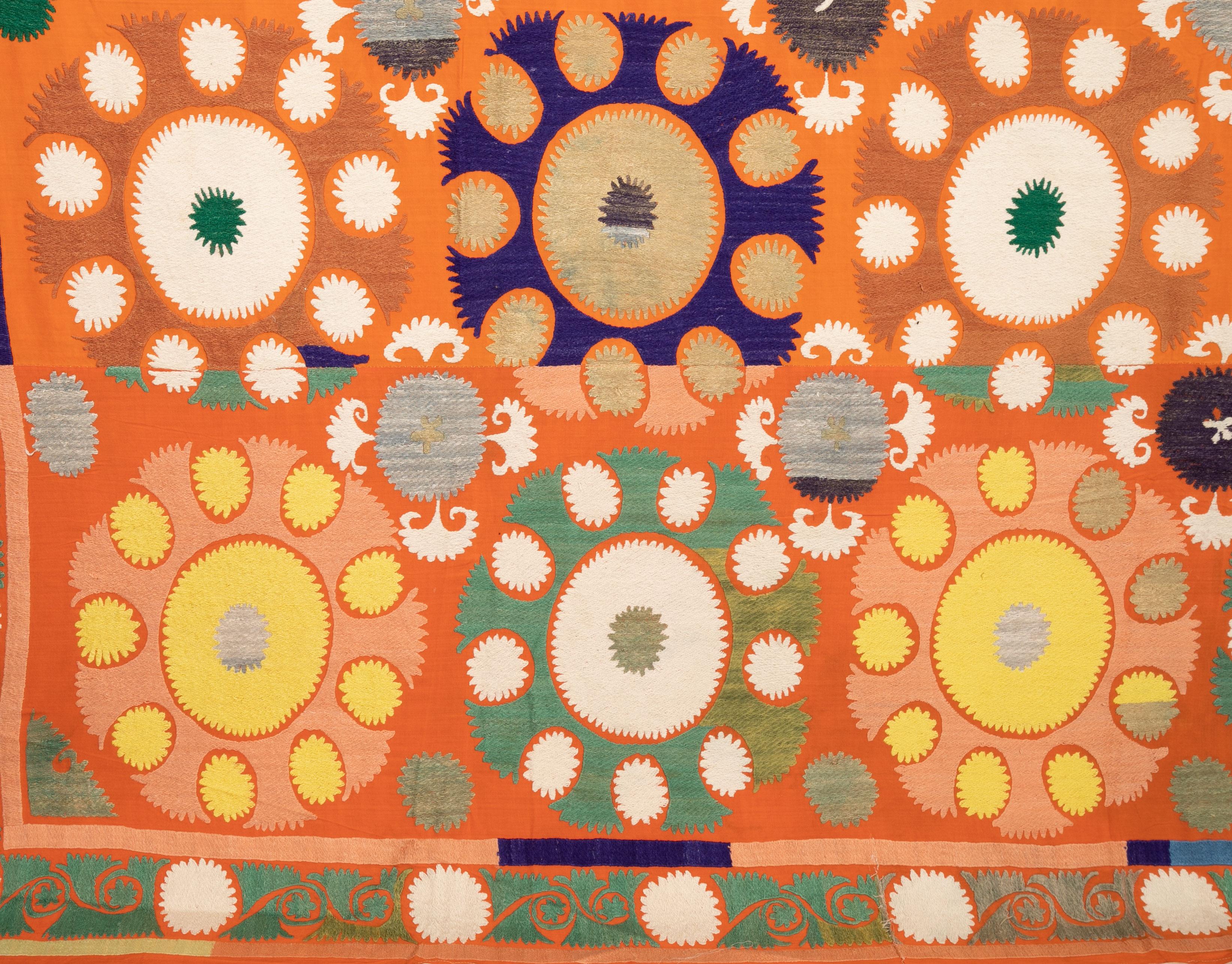 Cotton Vintage Orange Suzani from Samarkand Uzbekistan, Central Asia, 1970s