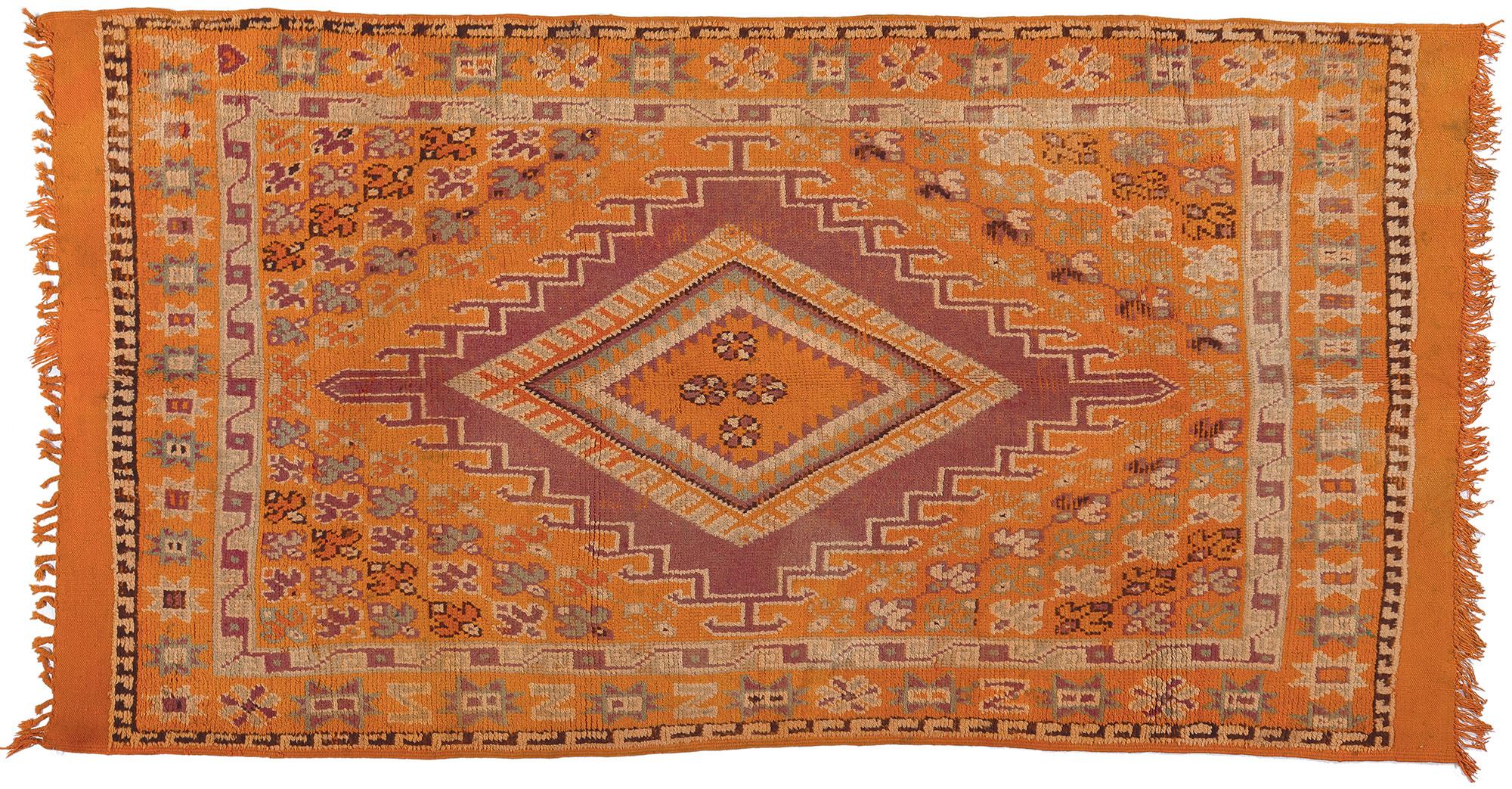 Vintage Orange Taznakht Moroccan Rug, Tribal Enchantment Meets Bold Bohemian For Sale 4
