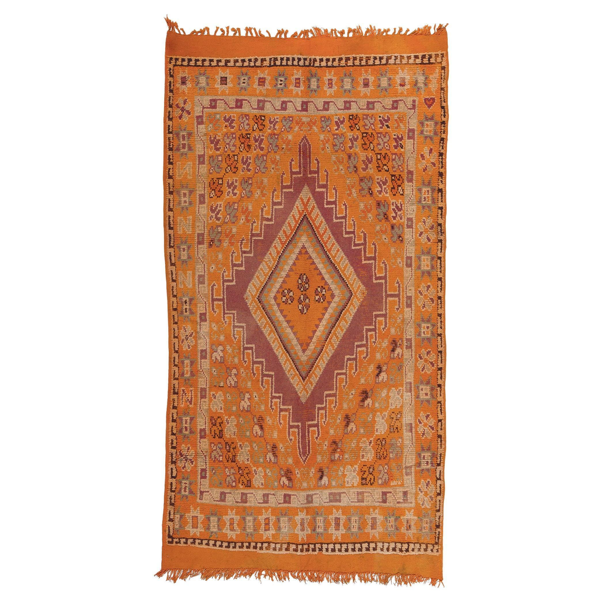 Vintage Orange Taznakht Moroccan Rug, Tribal Enchantment Meets Bold Bohemian For Sale