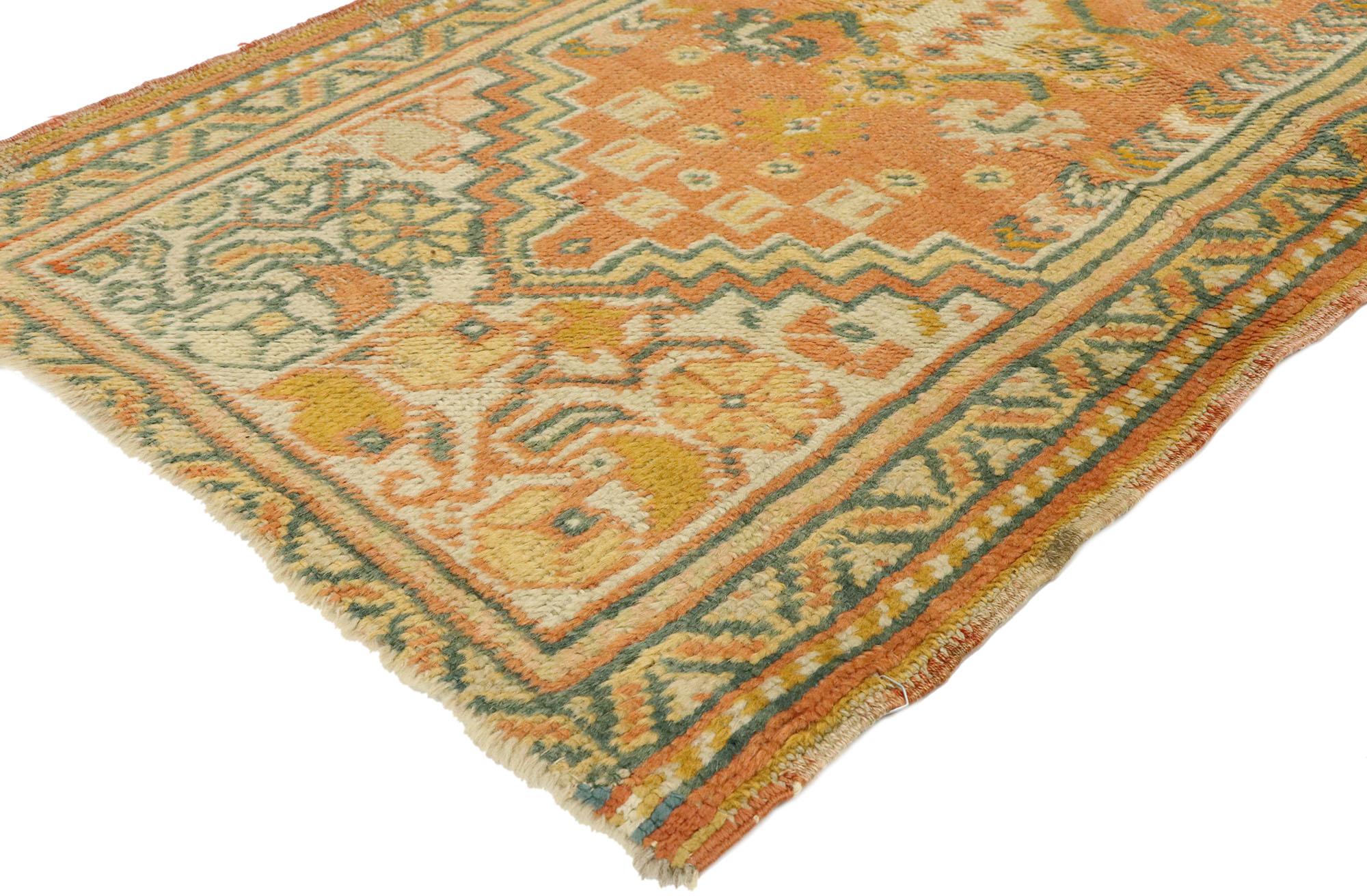 72341 Vintage Turkish Oushak Rug, 02'07 x 04'09.​ In this enchanting hand-knotted wool vintage Turkish Oushak rug, the allure of Anatolia intertwines with the enchantment of Tuscany, weaving a mesmerizing tale of beauty and charm. As you behold the