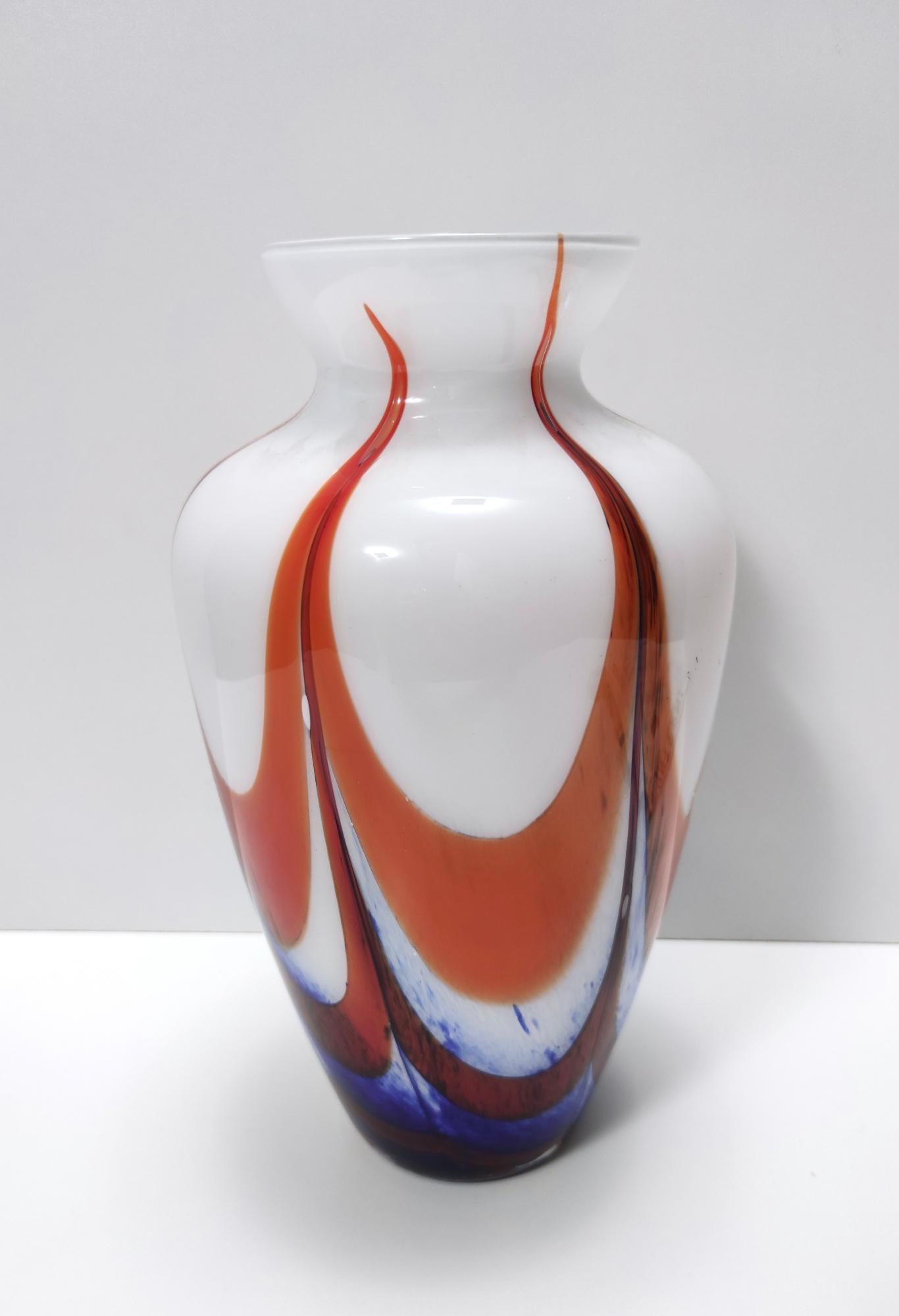 Vintage Orange, White and Blue Murano Glass Vase Ascribable to Carlo