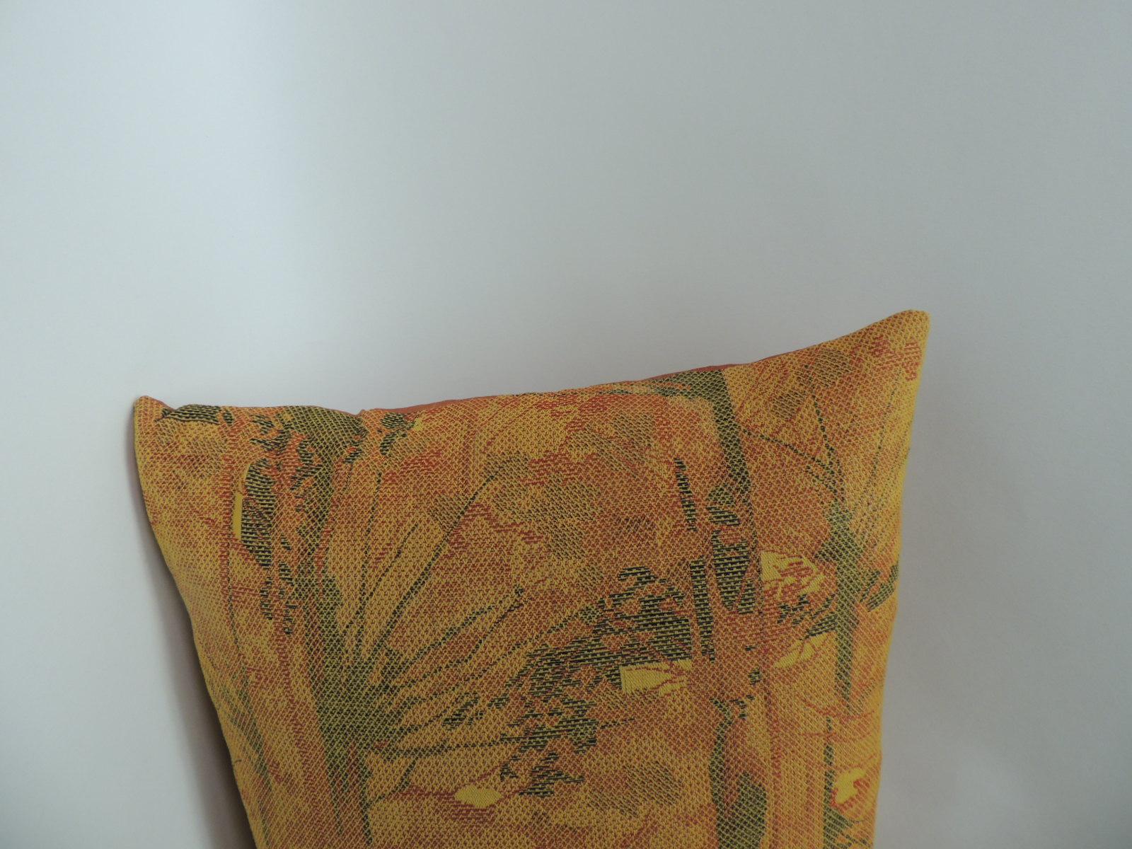 Vintage handcrafted with an orange silk woven Obi textile depicting stylized bamboo shoots. Textile panel in shades or orange, yellow, gold and green with rust silk backing. 
Decorative pillows handcrafted and designed in the USA. Closure by stitch