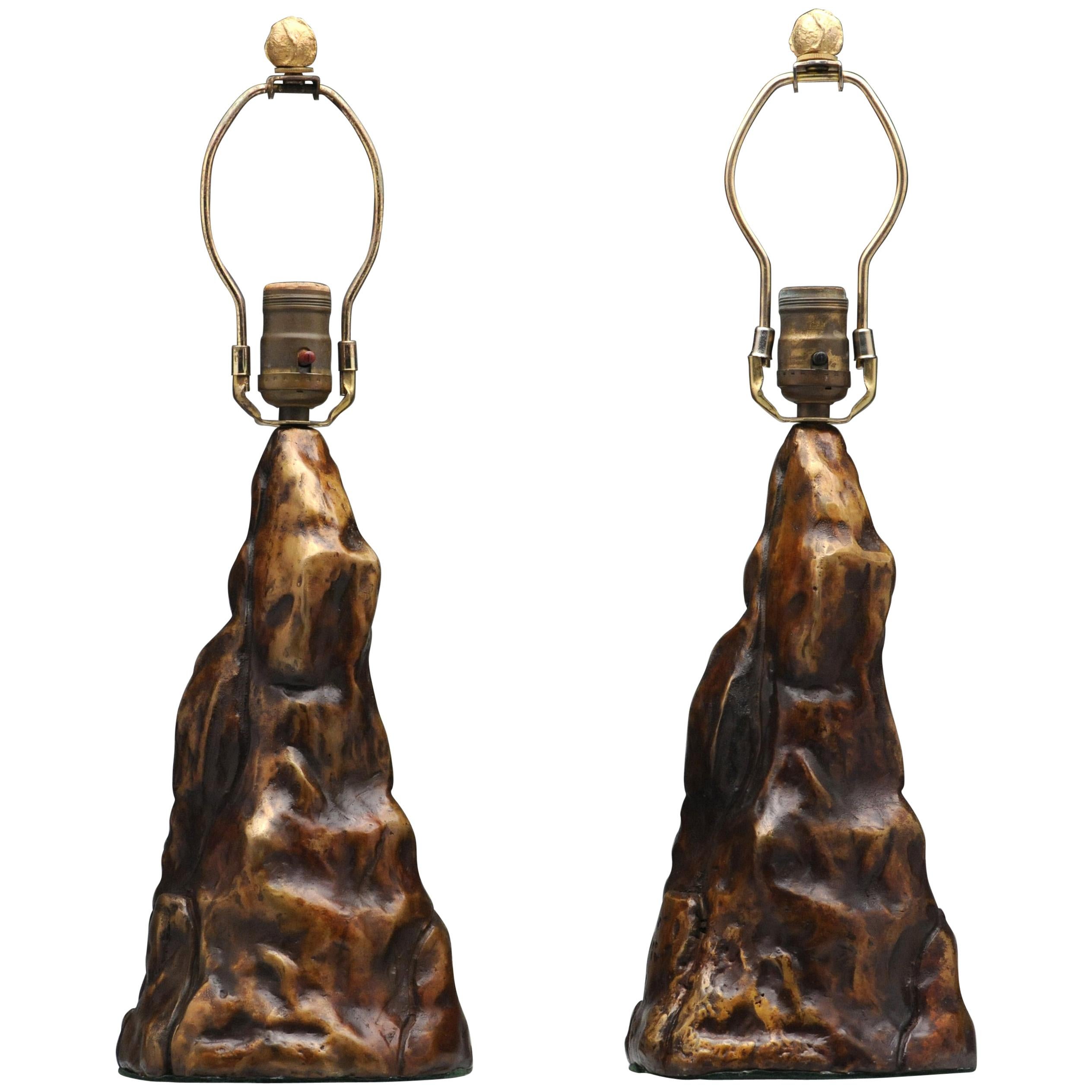 Vintage Organic Brutalist Pair Studio Bronze Table Lamps