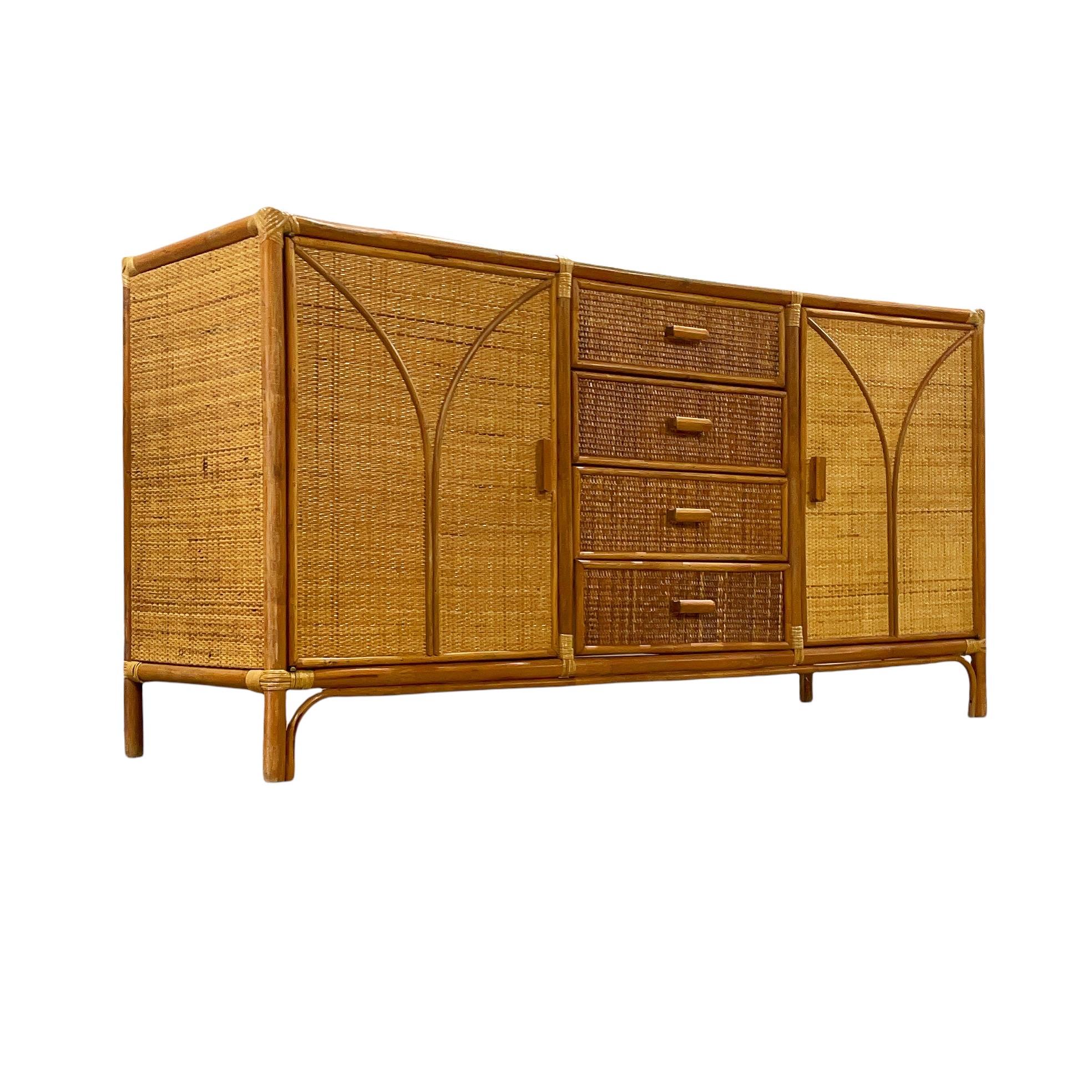 Vintage Organic Midcentury Rattan and Raffia Credenza Storage Cabinet circa 1978