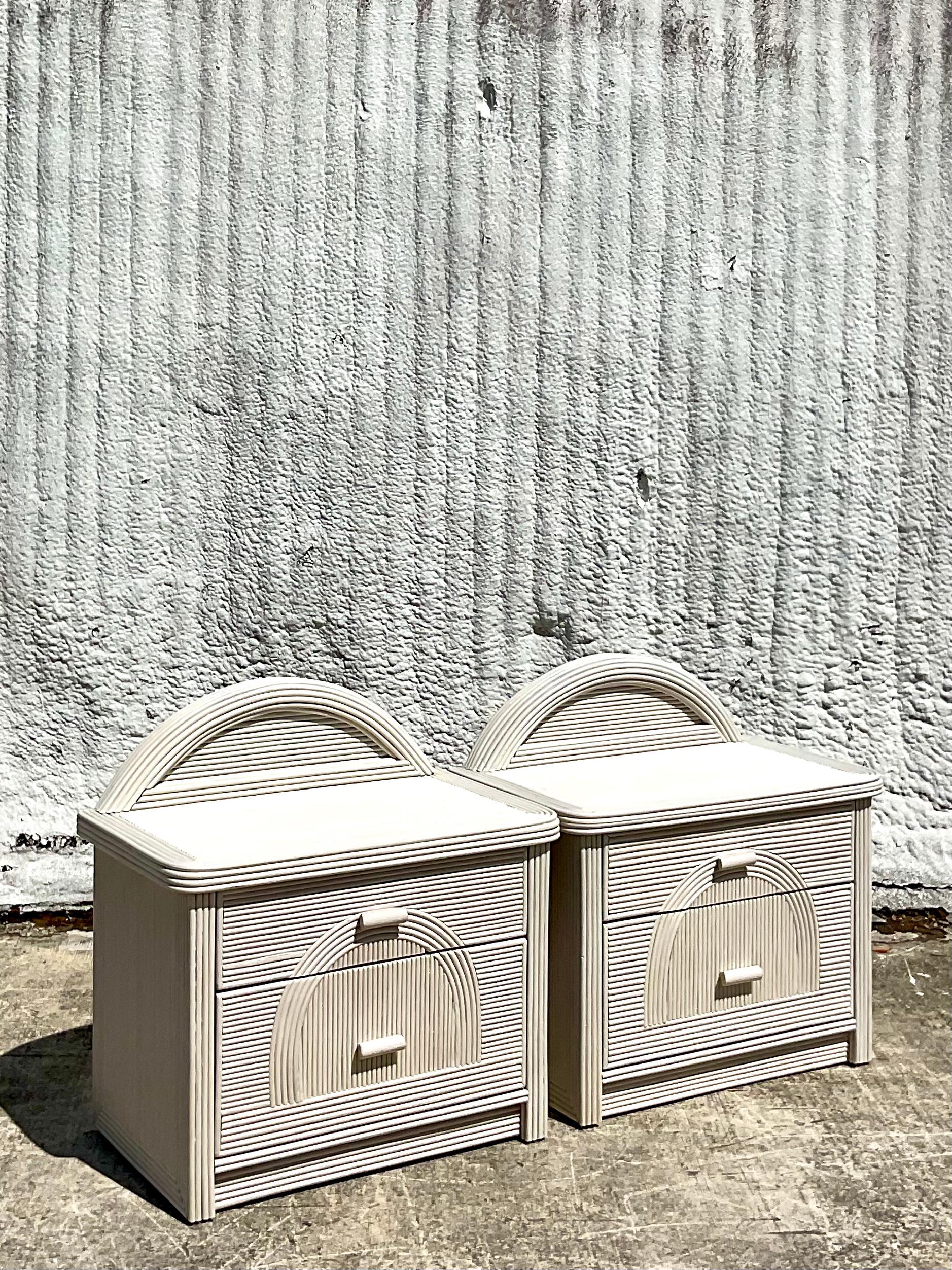 Late 20th Century Vintage Organic Modern Arched Pencil Reed Nightstands, a Pair