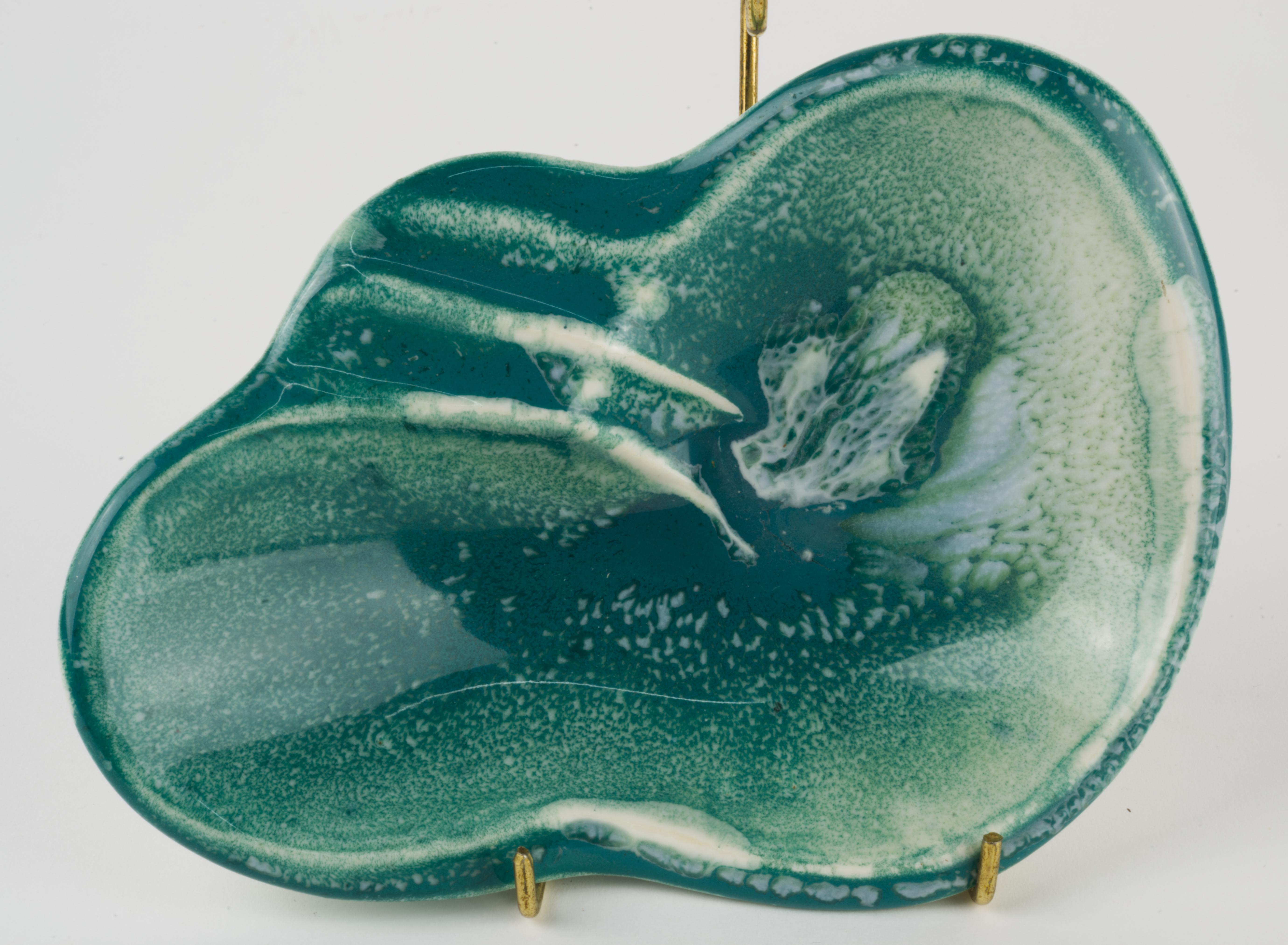 American Vintage Organic Modern Ceramic Ashtray Teal White Signed