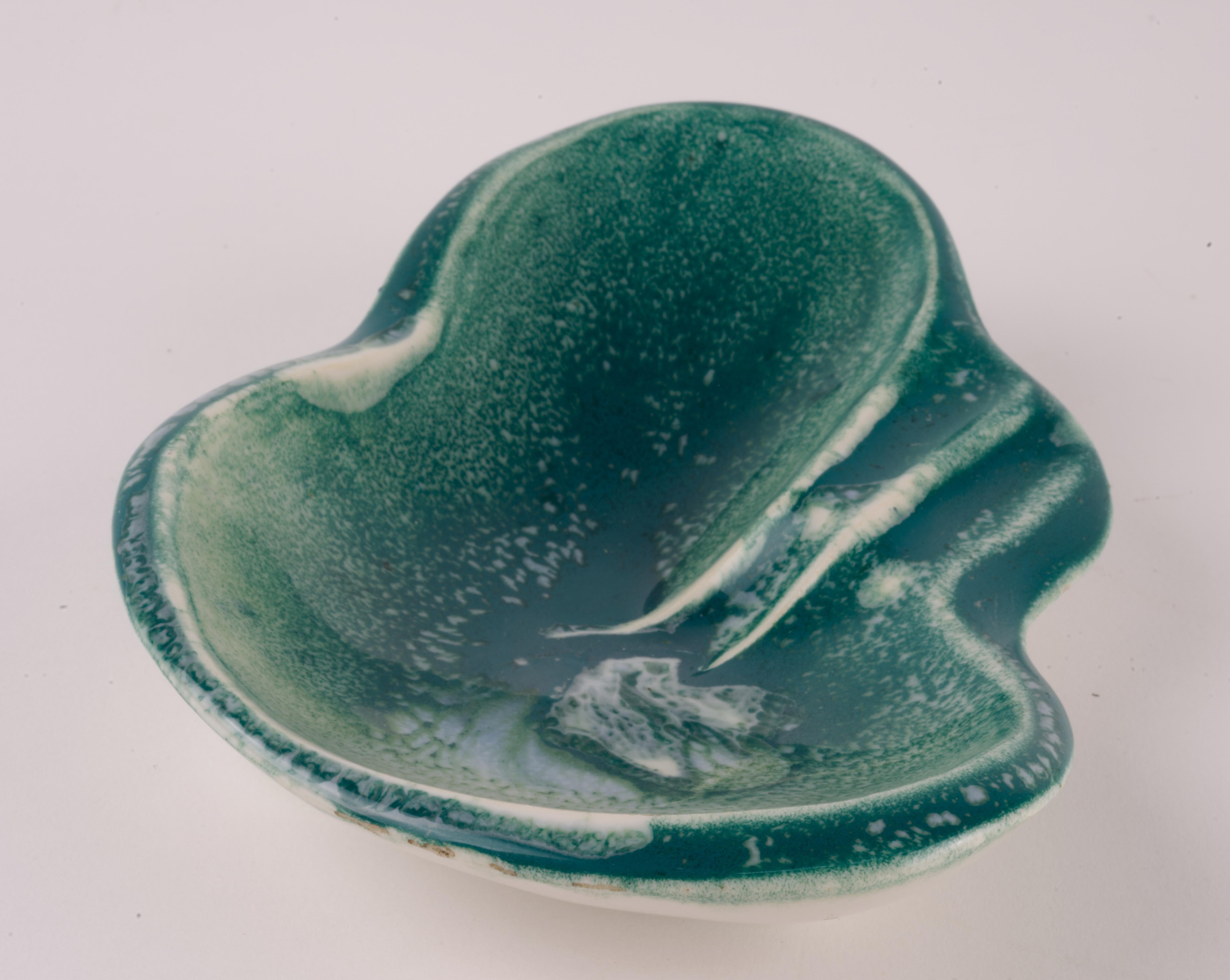 Glazed Vintage Organic Modern Ceramic Ashtray Teal White Signed