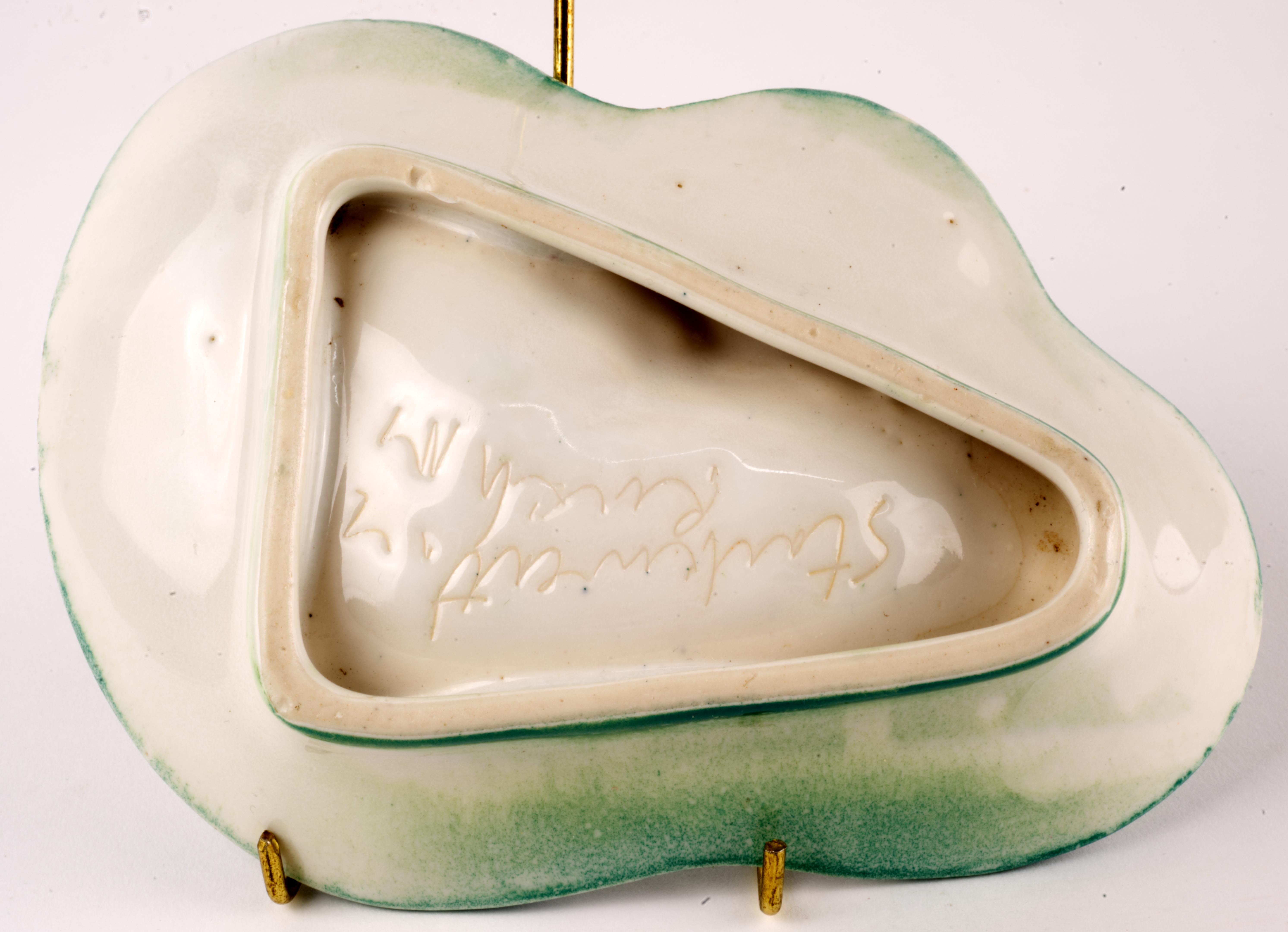 20th Century Vintage Organic Modern Ceramic Ashtray Teal White Signed