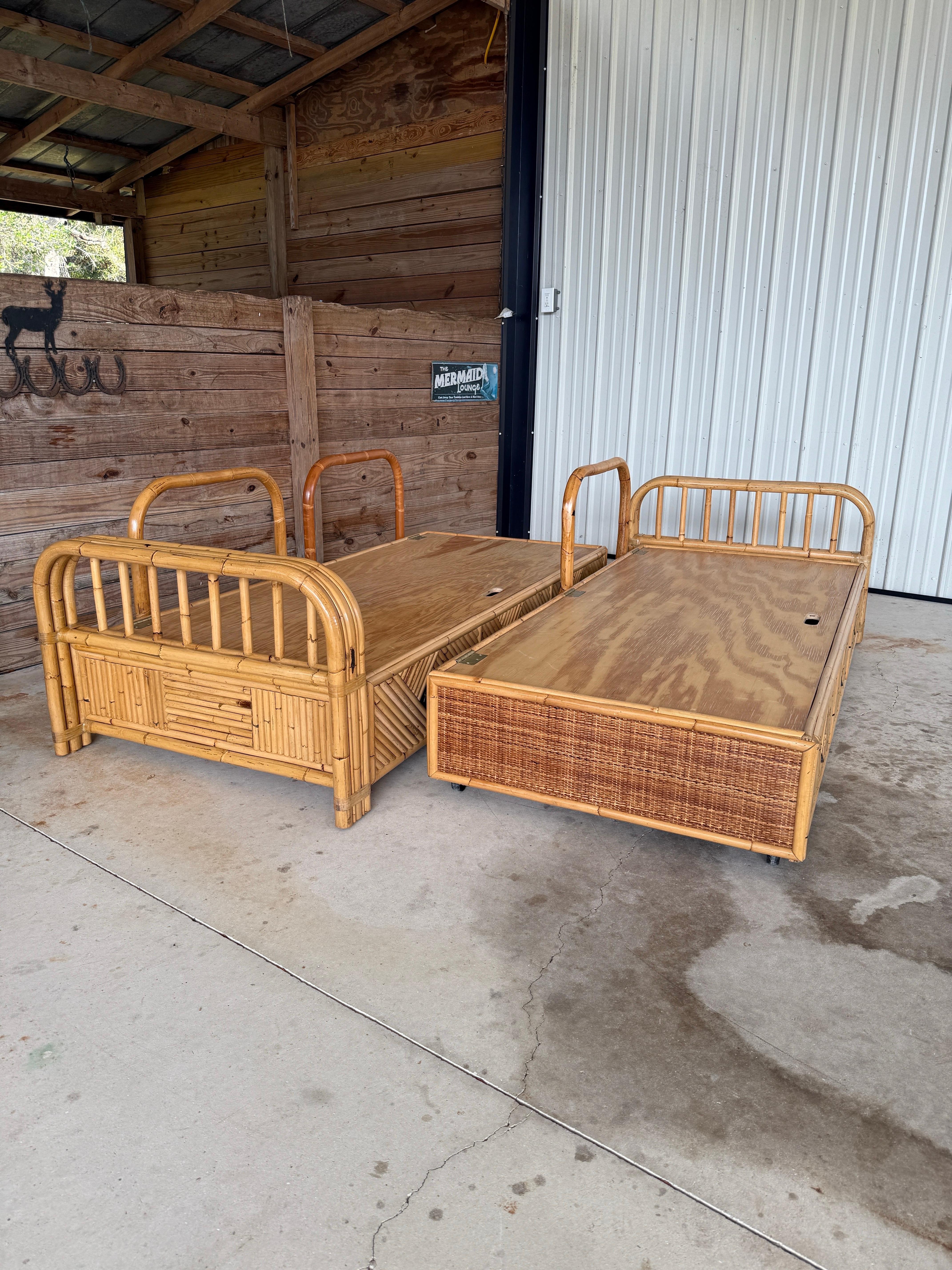 Late 20th Century Vintage Organic Modern Coastal Bamboo Rattan Daybeds and or Sofas-Pair For Sale