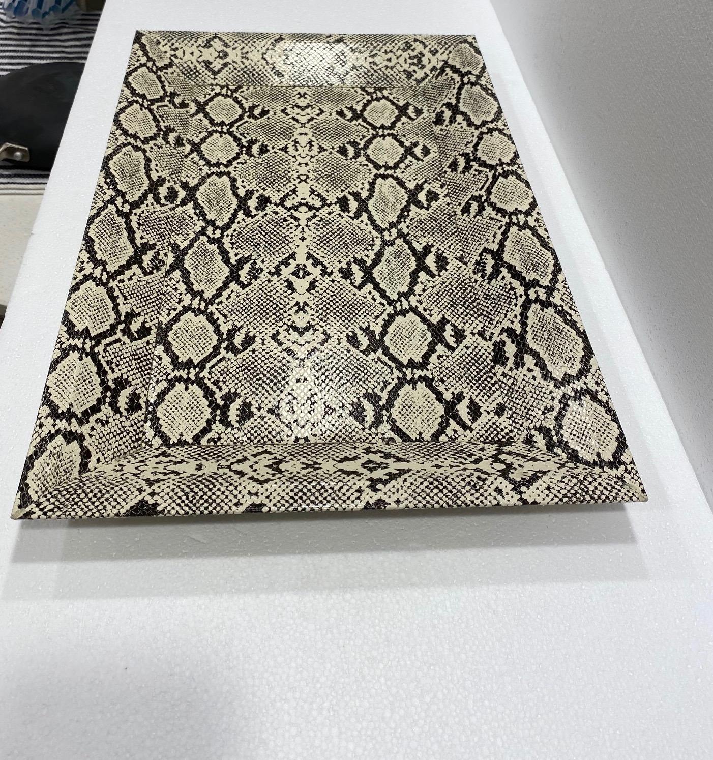 Hand-Crafted Vintage Organic Modern Faux Python Leather Tray in Ivory and Black, circa 2010
