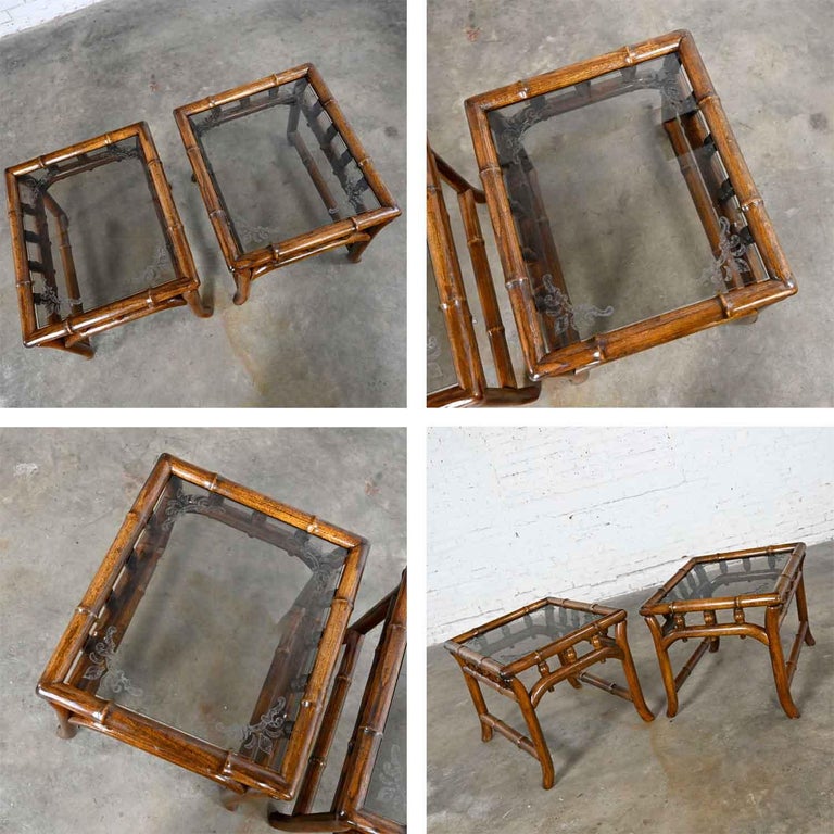 Vintage Organic Modern Faux Rattan & Etched Smoked Glass Top End Tables a Pair For Sale 10