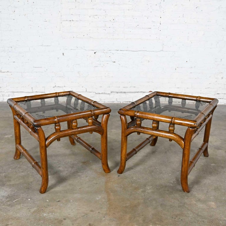 Vintage Organic Modern Faux Rattan & Etched Smoked Glass Top End Tables a Pair For Sale 11