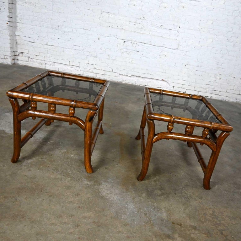 Vintage Organic Modern Faux Rattan & Etched Smoked Glass Top End Tables a Pair In Good Condition For Sale In Topeka, KS