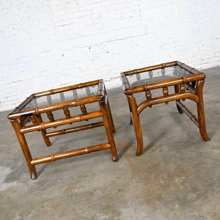 20th Century Vintage Organic Modern Faux Rattan & Etched Smoked Glass Top End Tables a Pair For Sale